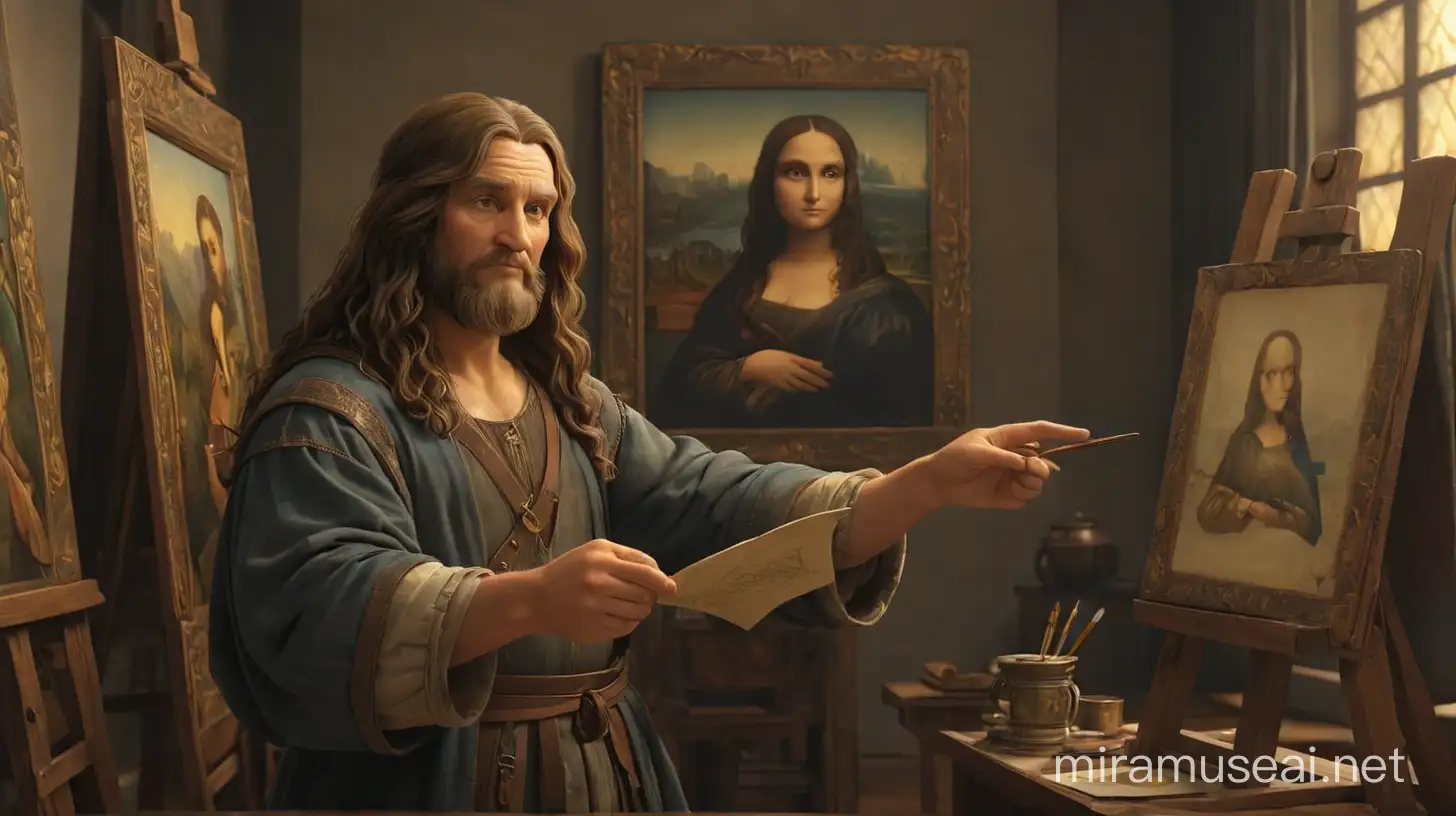 Leonardo da Vinci Contemplating the Mona Lisa Masterpiece