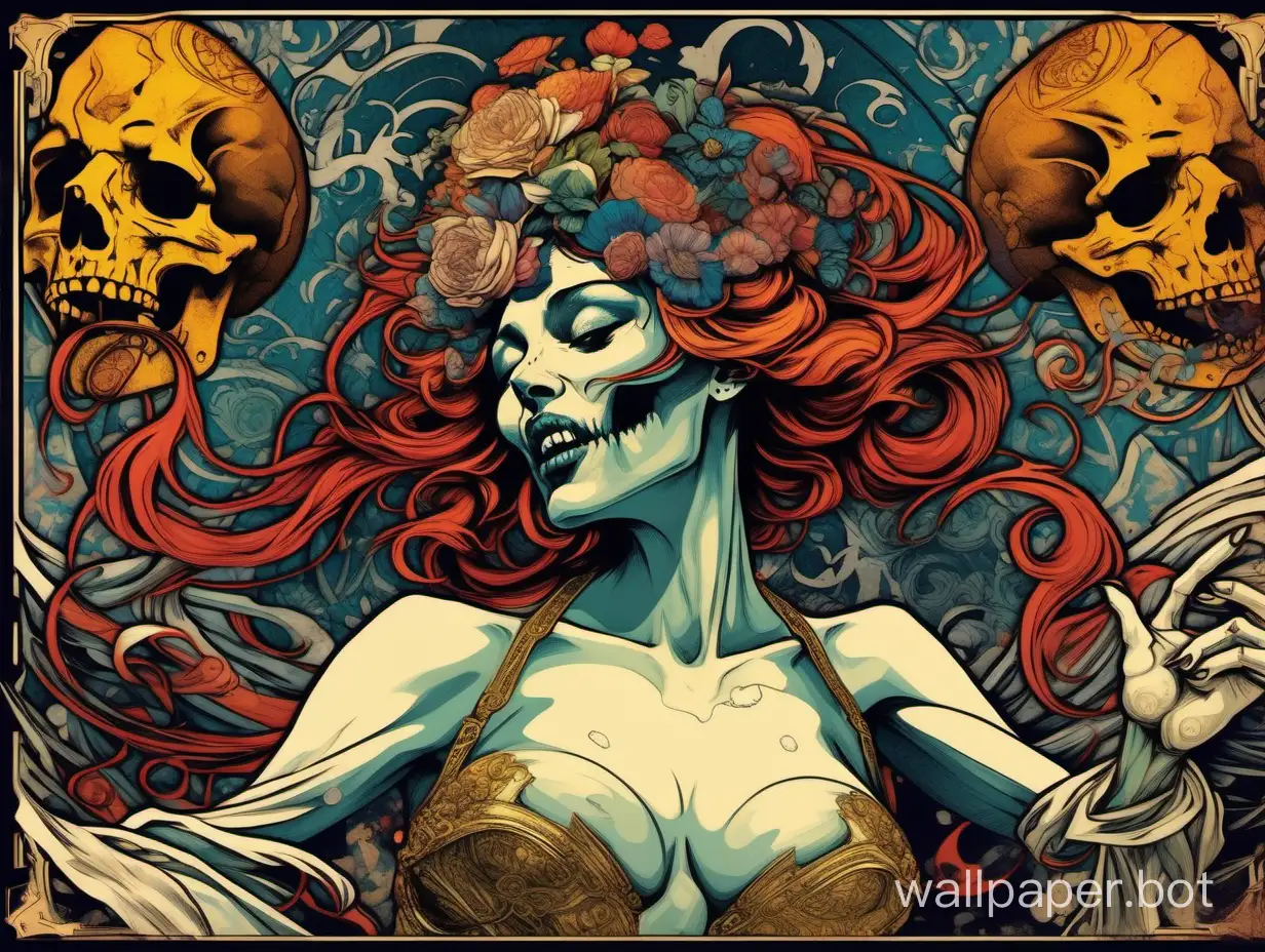 skull odalisque, sexy face, sexy open mouth with tongue, chaos ornamental, explosive hair, open dancing arms, darkness, asymmetrical, Chinese poster, torn poster edge, Alphonse Mucha hyper-detailed, high contrast, explosive dripping colors, sticker art
