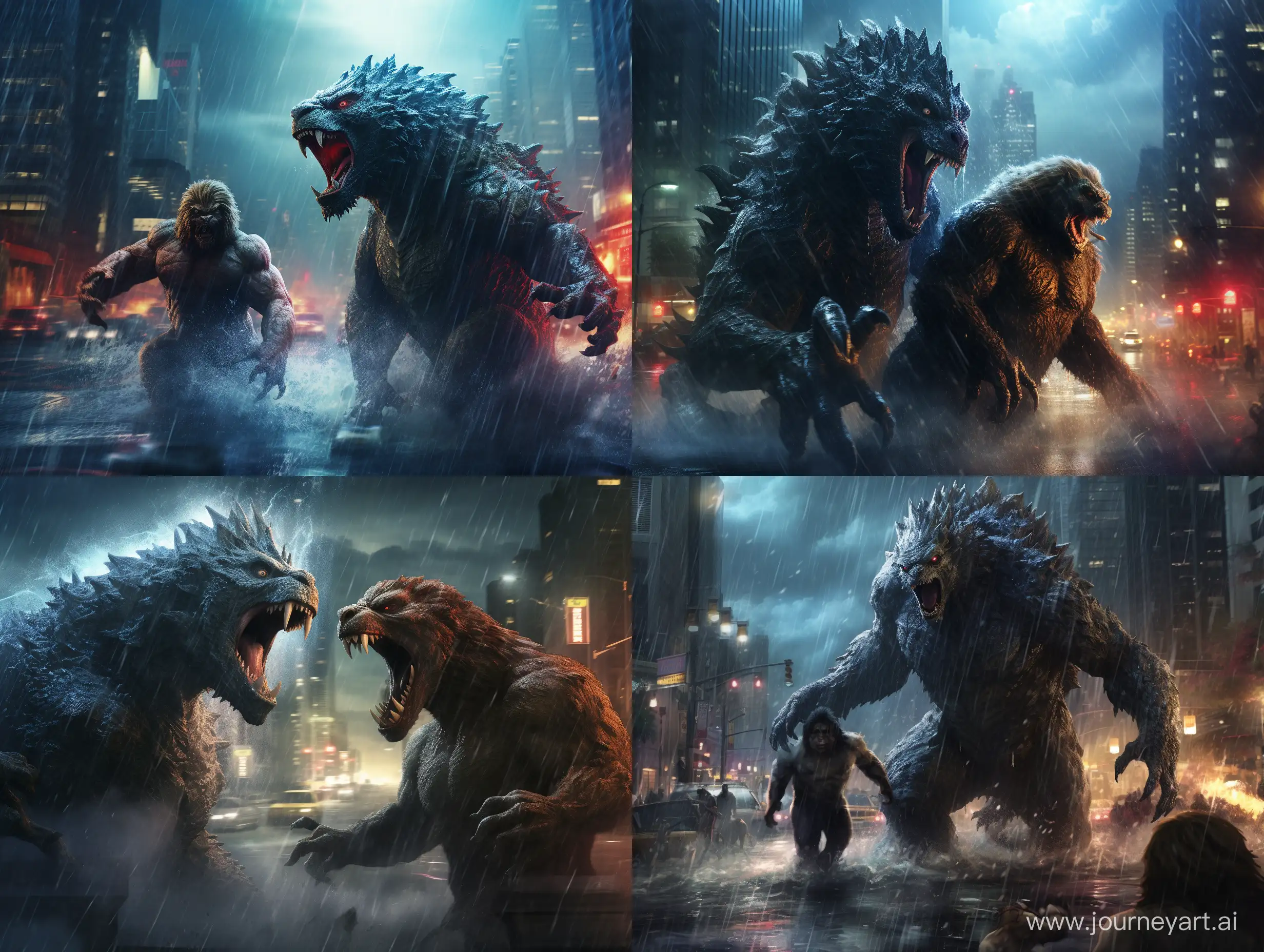 Godzilla and King Kong fighting in the center of the city, it's night and raining. 
