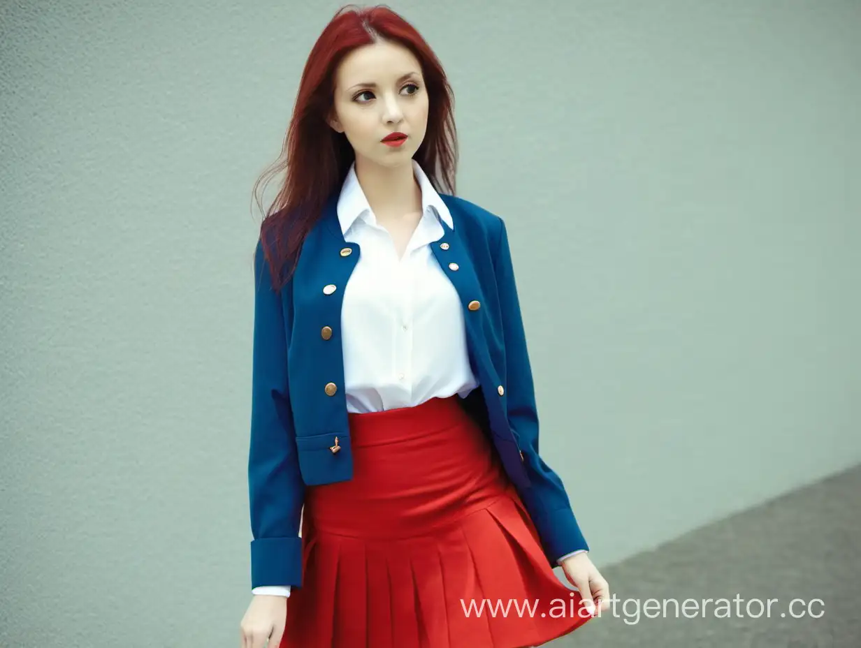 женщина, белая блузка, синий жакет, красная юбка
