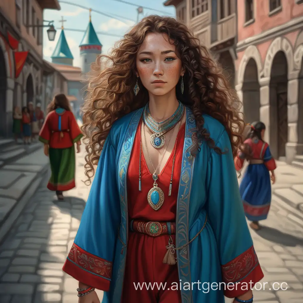 Melancholic-Buryat-Woman-in-Vibrant-Summer-Attire-Roaming-Medieval-Streets