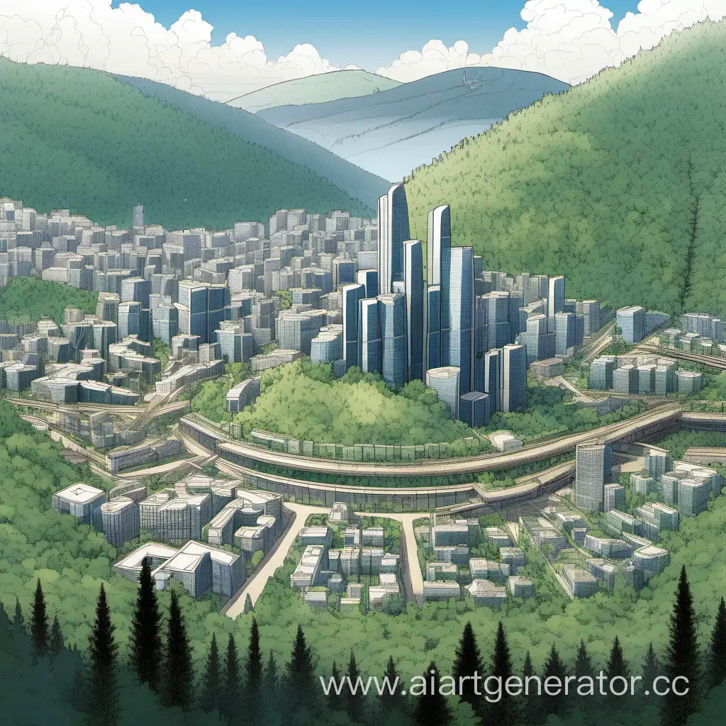 Город 21 века, вокруг города окружает хвойные леса, в заде холм