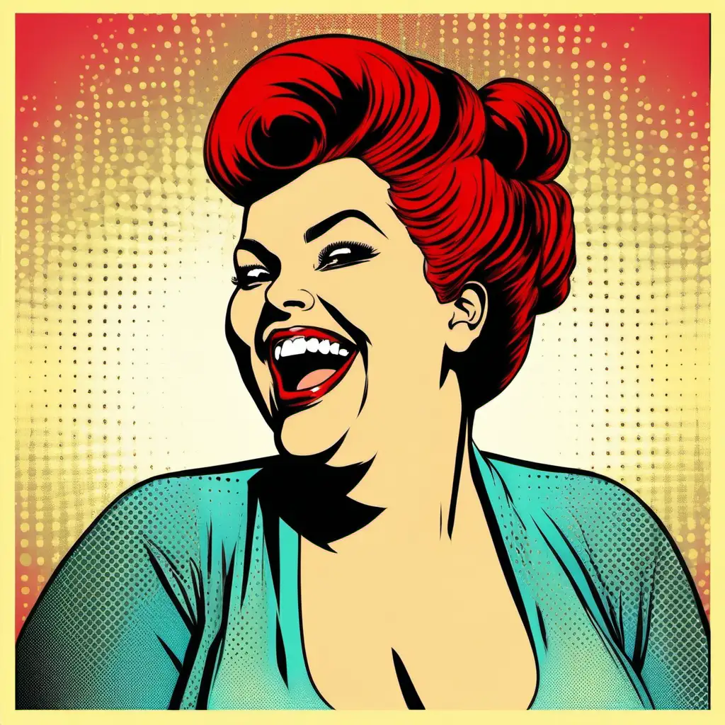 Pop Art, comic style, pop art style heavier woman laughing with red
 beehive hairstyle

