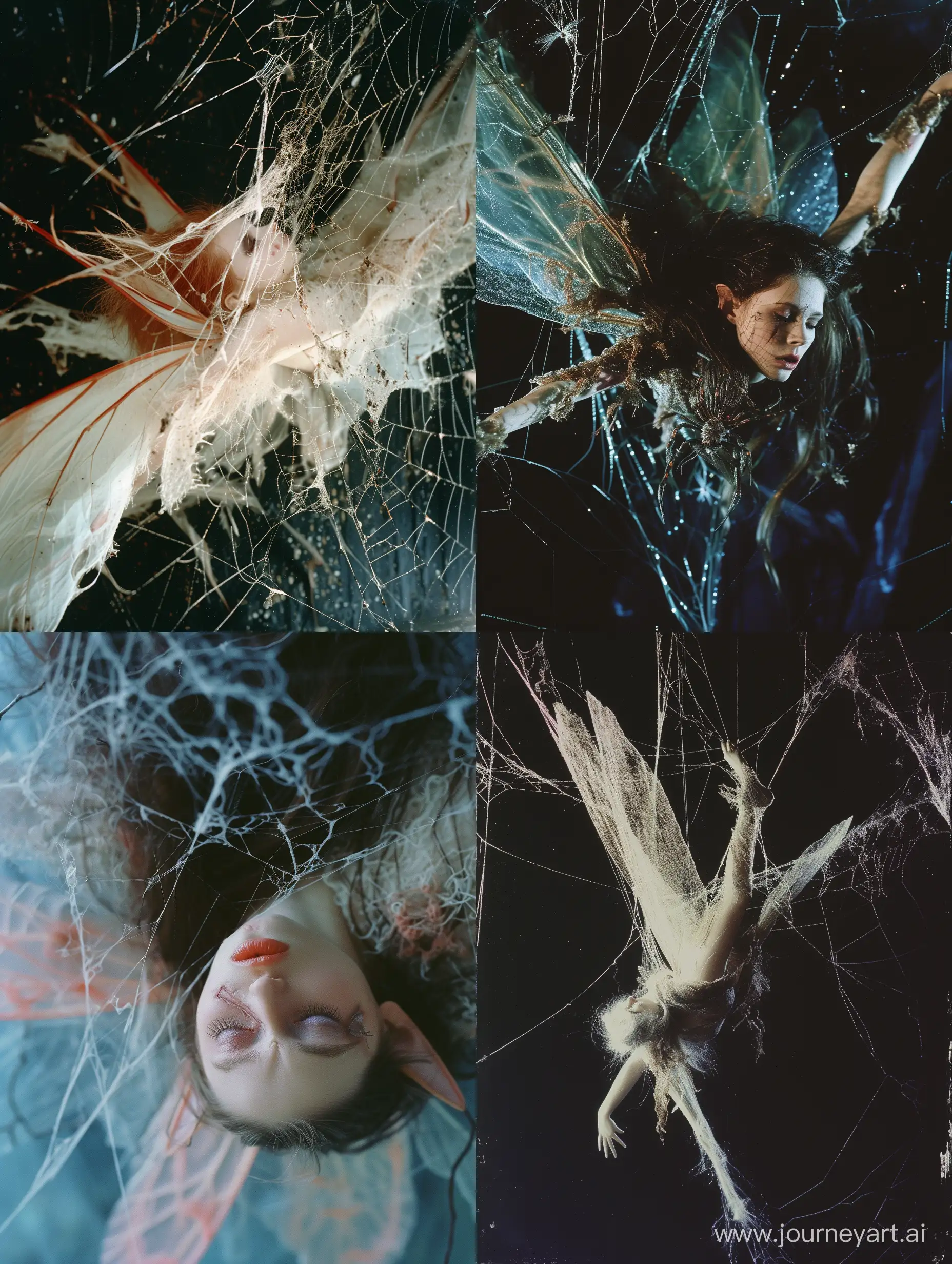Wide angle Saturated image of a beautiful fairy woman tangled up in a spider web, suspended upside down tangled in web, tattered delicate wings, attention to detail, horror core, dark aesthetic, taken on provia
