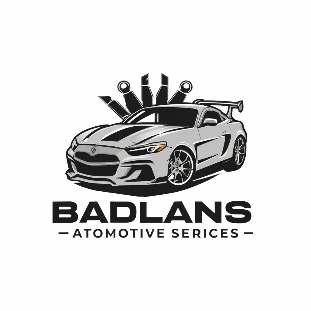 a logo design,with the text "Badlands Automotive Services", main symbol:sports car, mechanic tools,Minimalistic,be used in Automotive industry,clear background