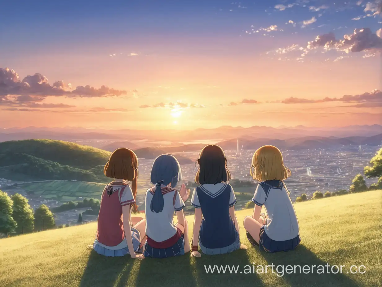#Anime. 3 girls are sitting on a hill and watching the sunset.
