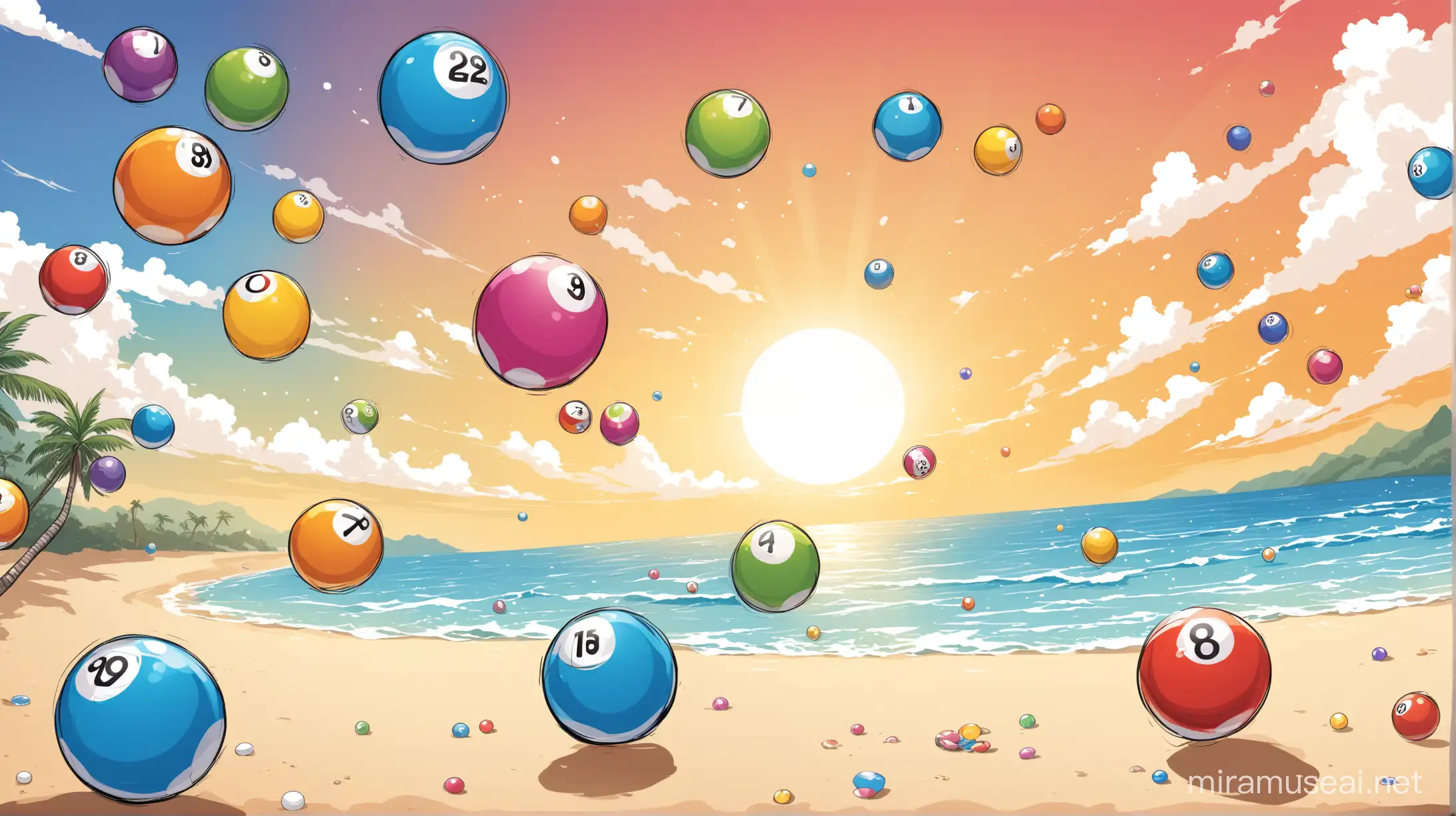 Bingo balls flying illustation in environment, beach background cartoonist images