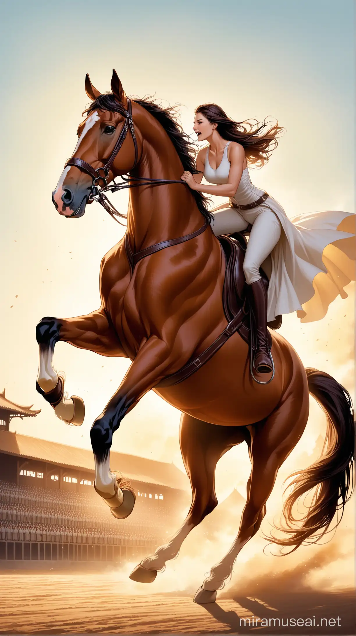 The lady tall and the boy riding horse, the horse's legs are in the air and that lady sitting on it, and the boy is holding onto the horse, to create an incredible scene, horse showing some crazy action would make it amazing With good anatomy