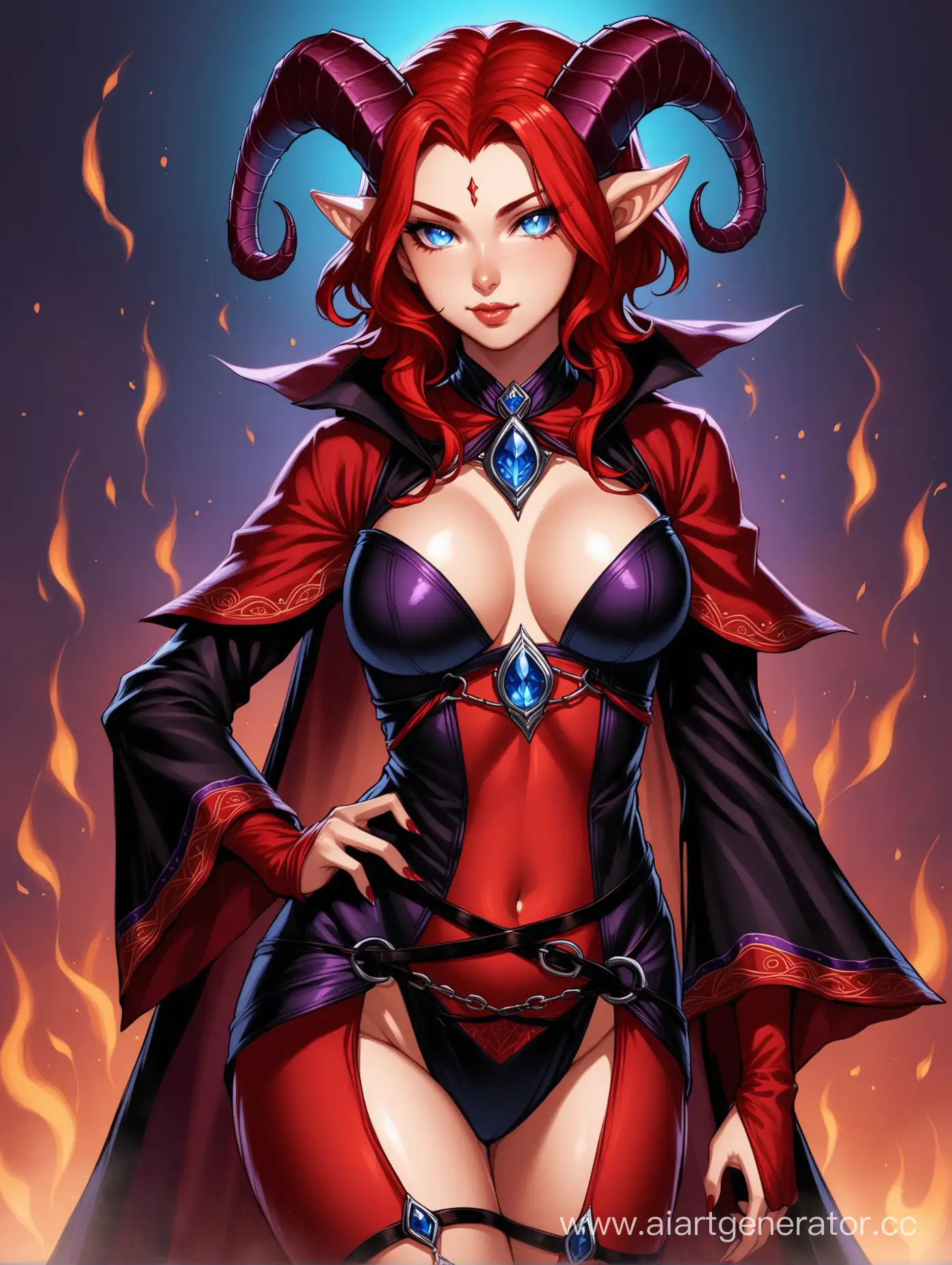 Seductive-Tiefling-Warlock-in-Erotic-Red-and-Black-Attire-with-Sapphire-Eyes