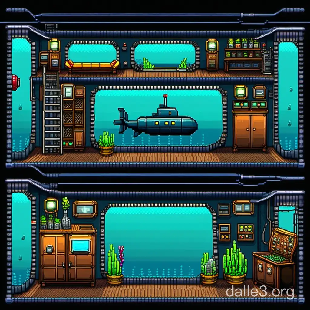 Underwater Pixel Art Submarine Interior Platformer Scene | Dalle3 AI