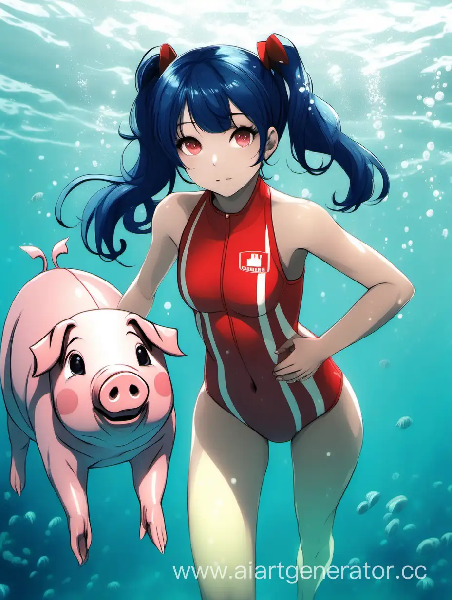 human, underwater, in a red lifeguard swimsuit, dark turquoise eyes, double pig tails with bang hairstyle, dark blue hair,

