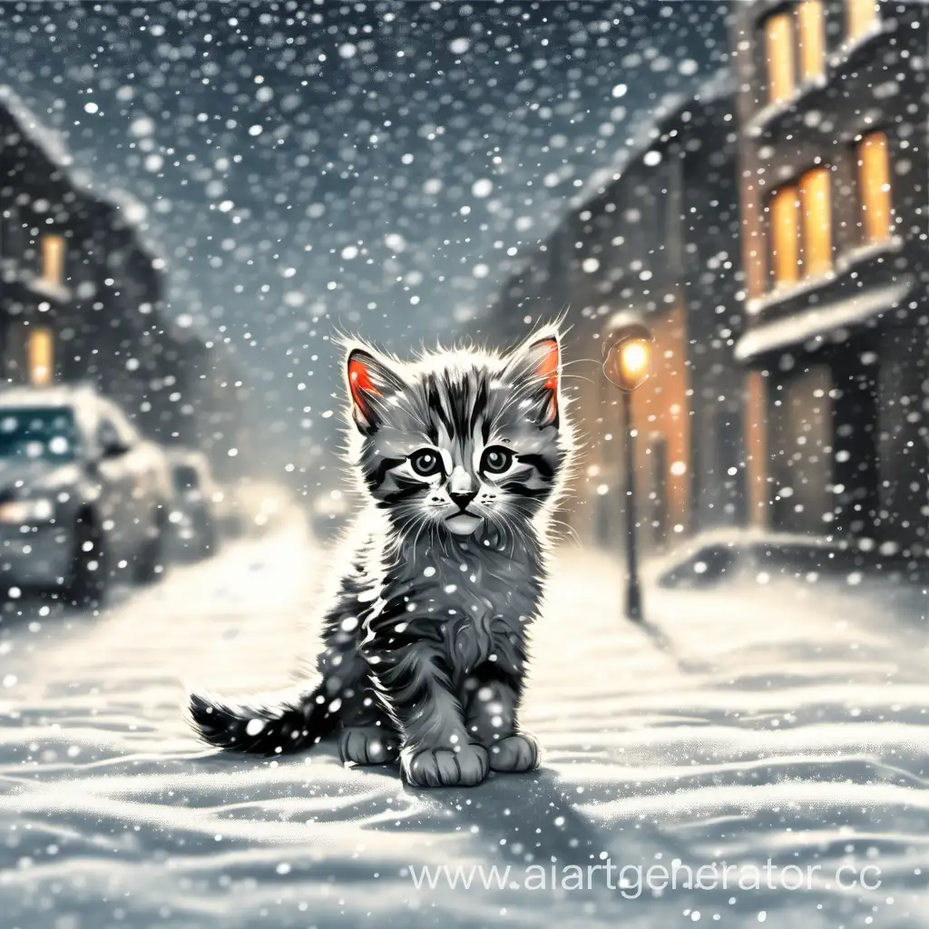 Маленький котёнок, в городе во время снегопада, рисунок художника