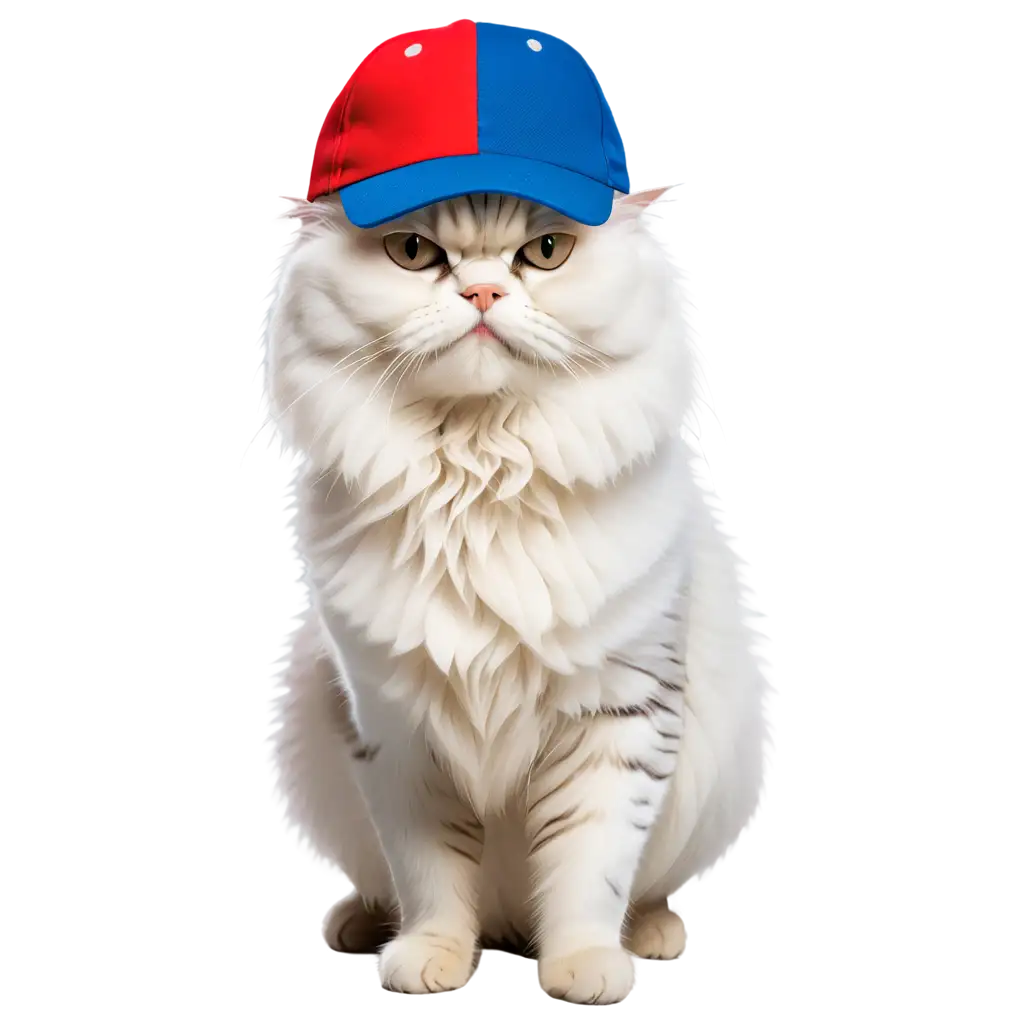 White, fat, white persian cat wear baseball cap