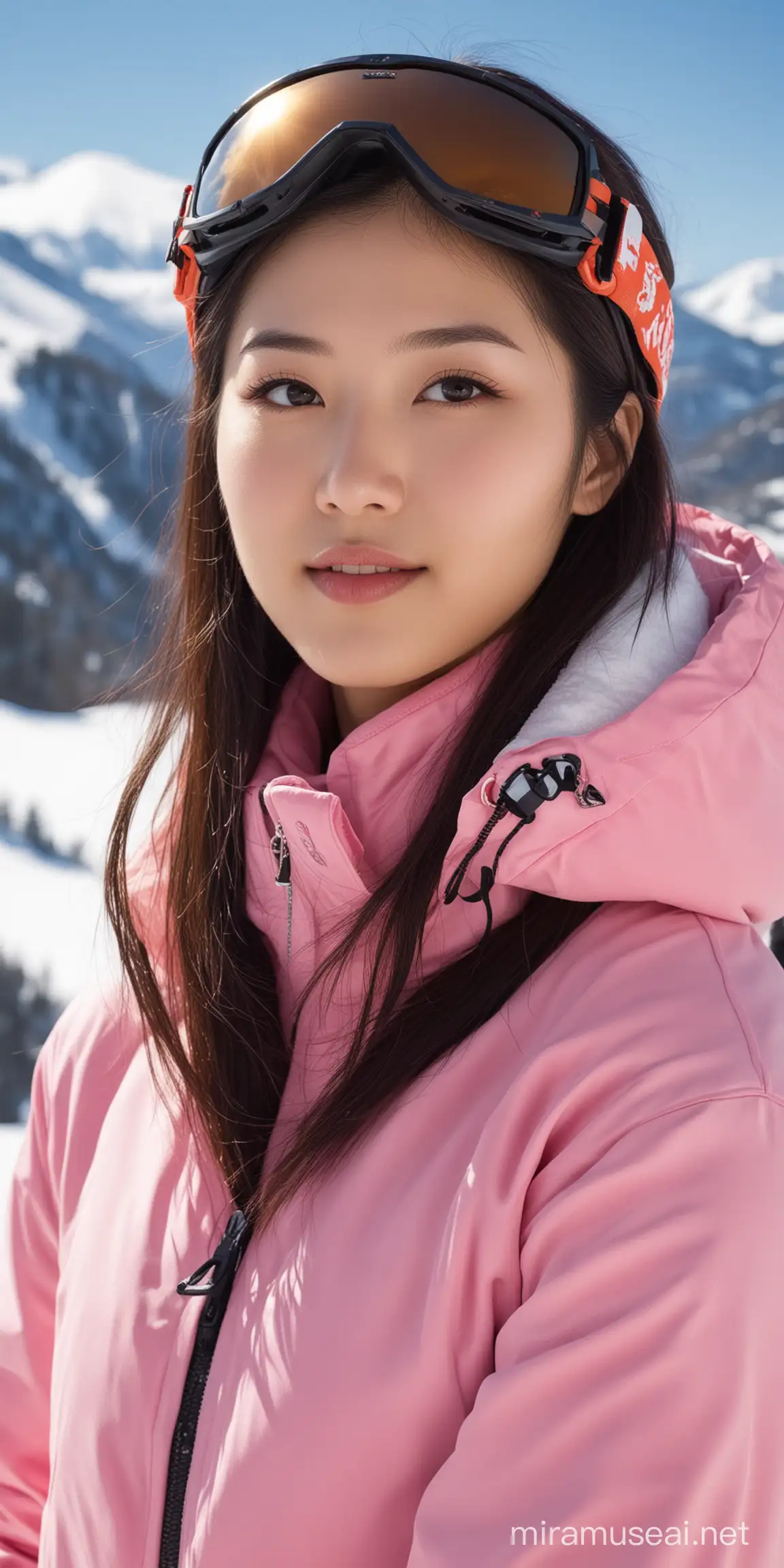 Young Chinese Woman Skiing at Resort Winter Fun and Adventure