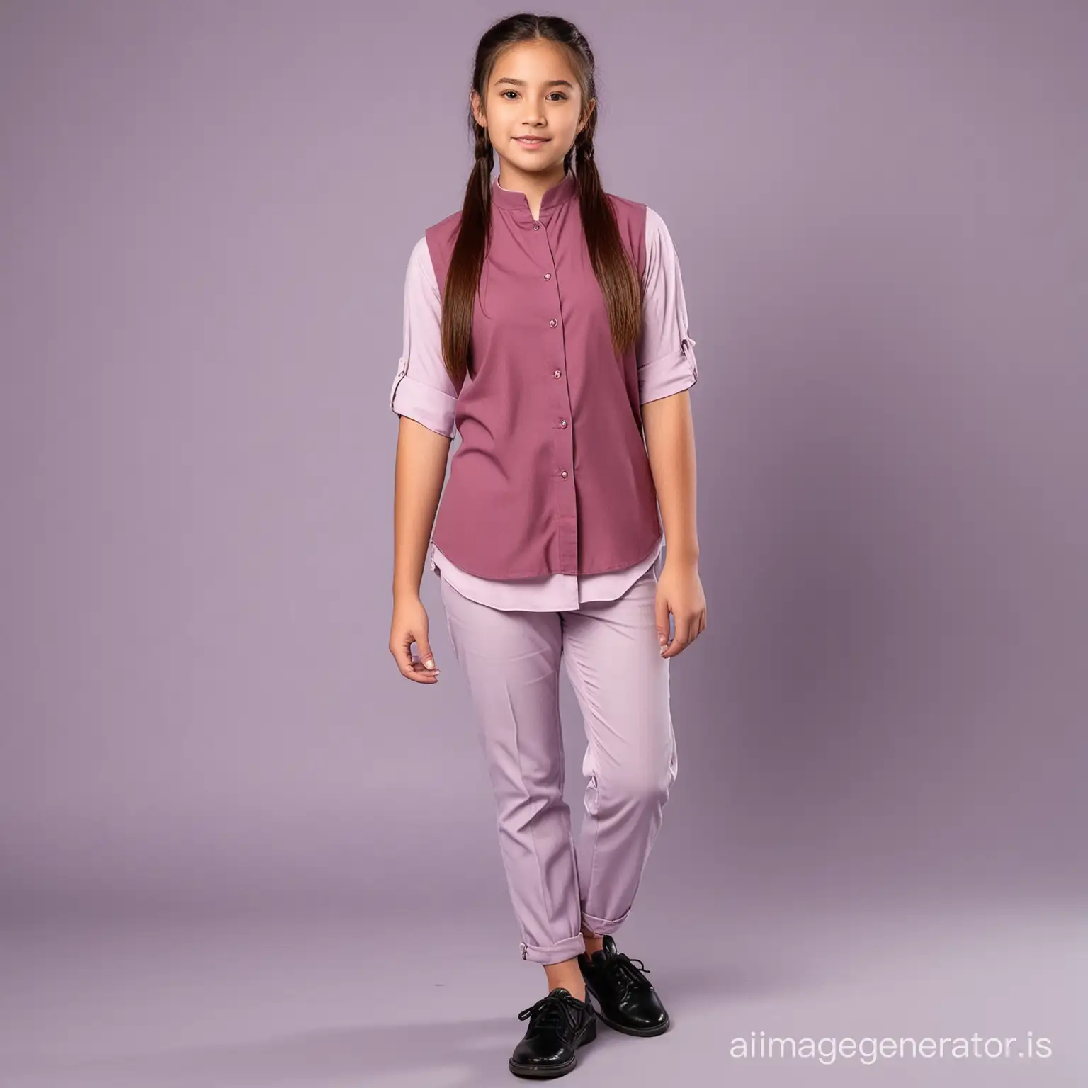 A 15 year old girl, facing camera, standing straight, wearing light lavender half sleeve shirt with chinese collar. Pony tailed hair. merlot color Vest over  light lavender full sleeve shirt, a merlot color full length pants. She has black school cut shoes on her foot