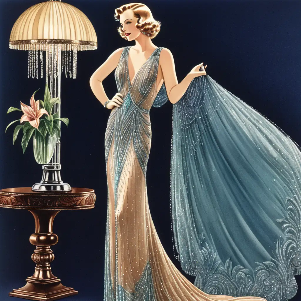 Glamorous Woman in 1930s Hollywood Evening Gown