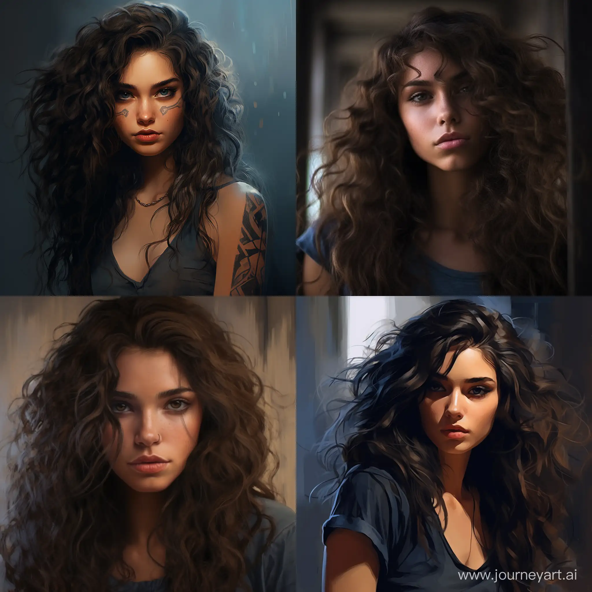 Portrait-of-a-Captivating-22YearOld-Woman-with-Curly-Dark-Brown-Hair-and-a-Distinctive-Lip-Scar
