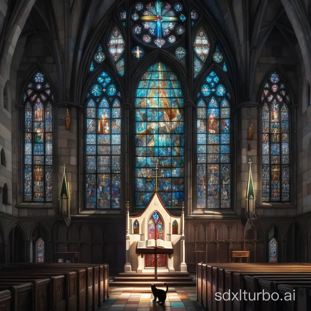 Divine-Cat-Illuminates-Dark-Church-Stained-Glass-Window-Scene