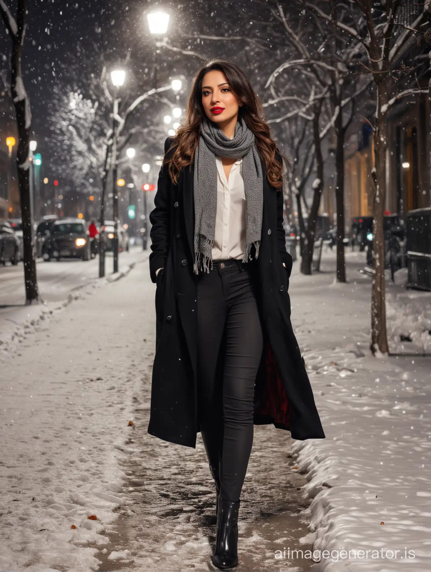 Iranian woman 40 years old, long black coat, grey pants, cream shirt, red lip sticks, black boots, white scarf, in a snowy street at night, dramatic lighting