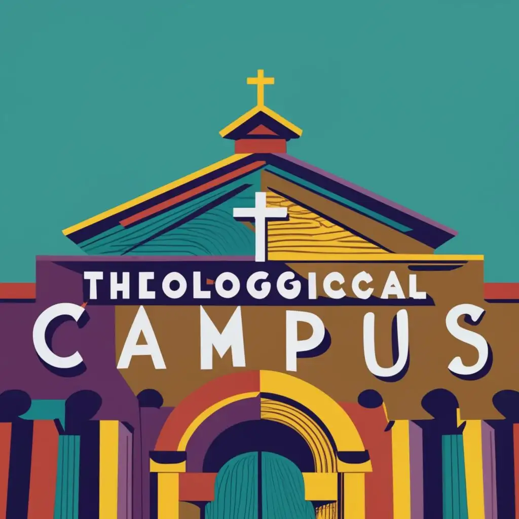 logo, University campus, books, church., with the text "Theological Campus", typography