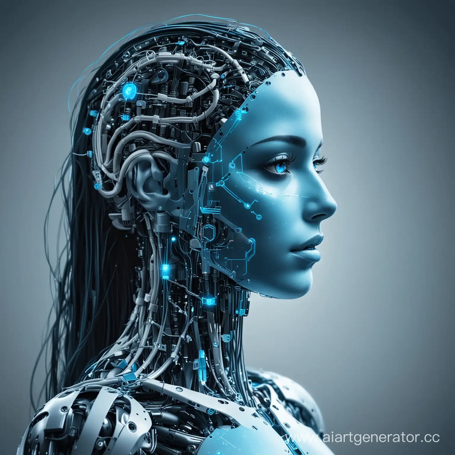 Соединение человека с искусственный интеллектом в сине-голубых цветах