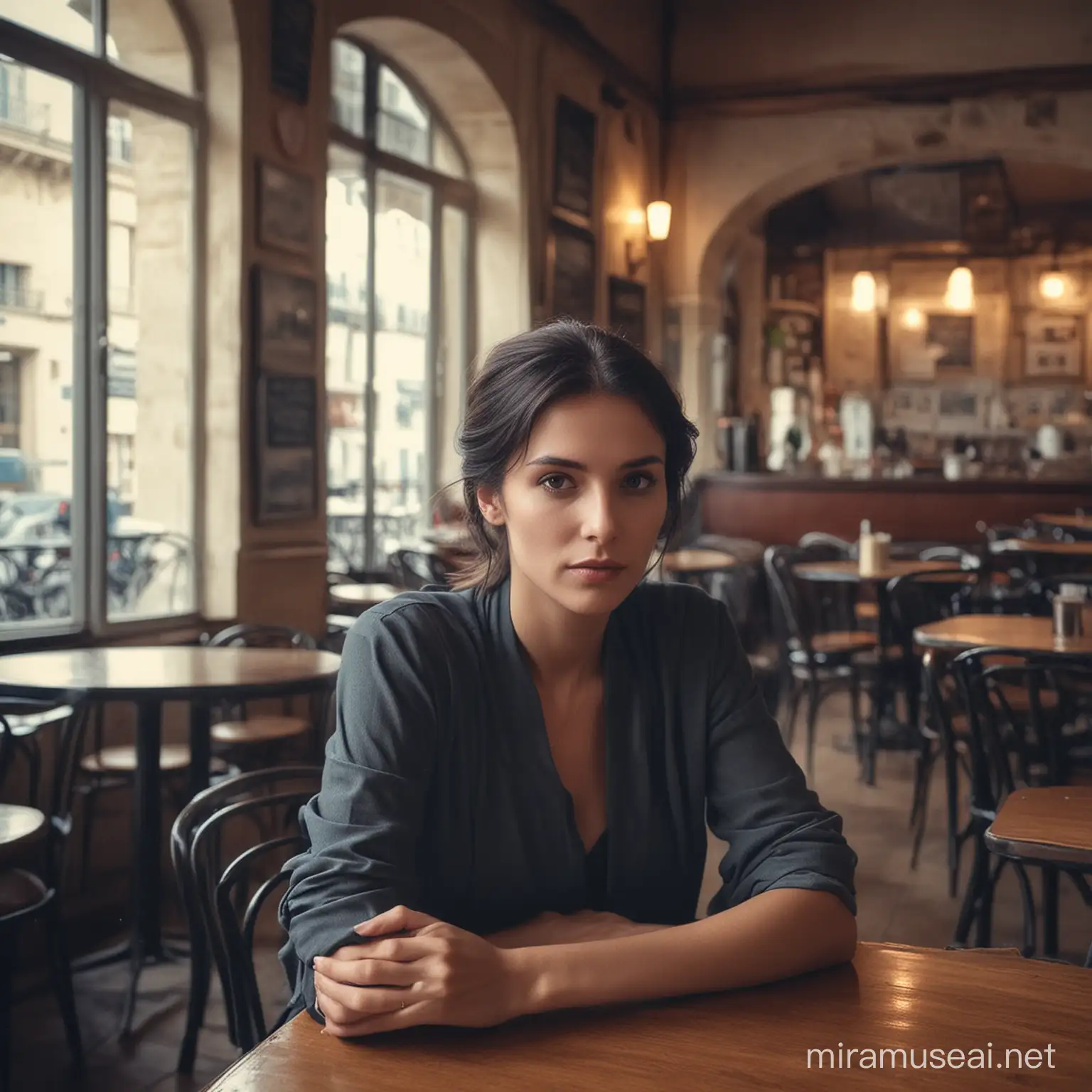mysterious woman inside a French café