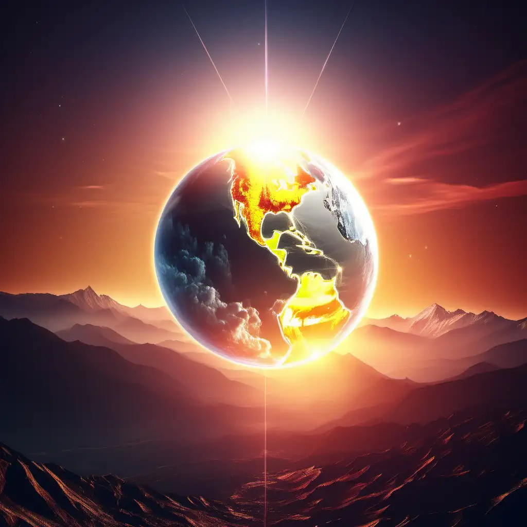 create an image with a beautiful sunrise with mountains in the background with global and space effects
