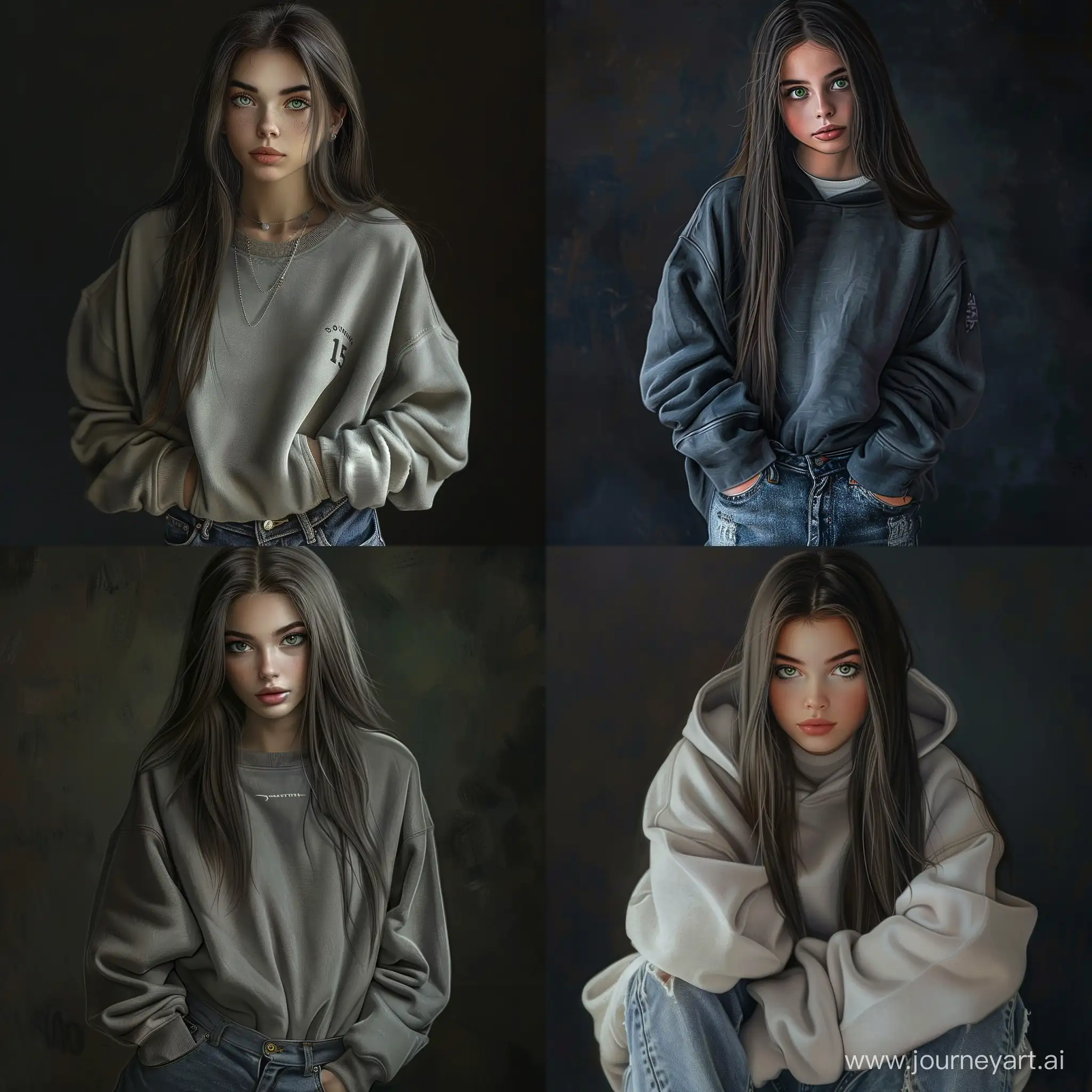Beautiful girl, straight dark brown hair, gray-green eyes, white skin, teenager, 15 years old, dressed in jeans and oversize sweatshirt, high quality, high detail, dark background, realistic art