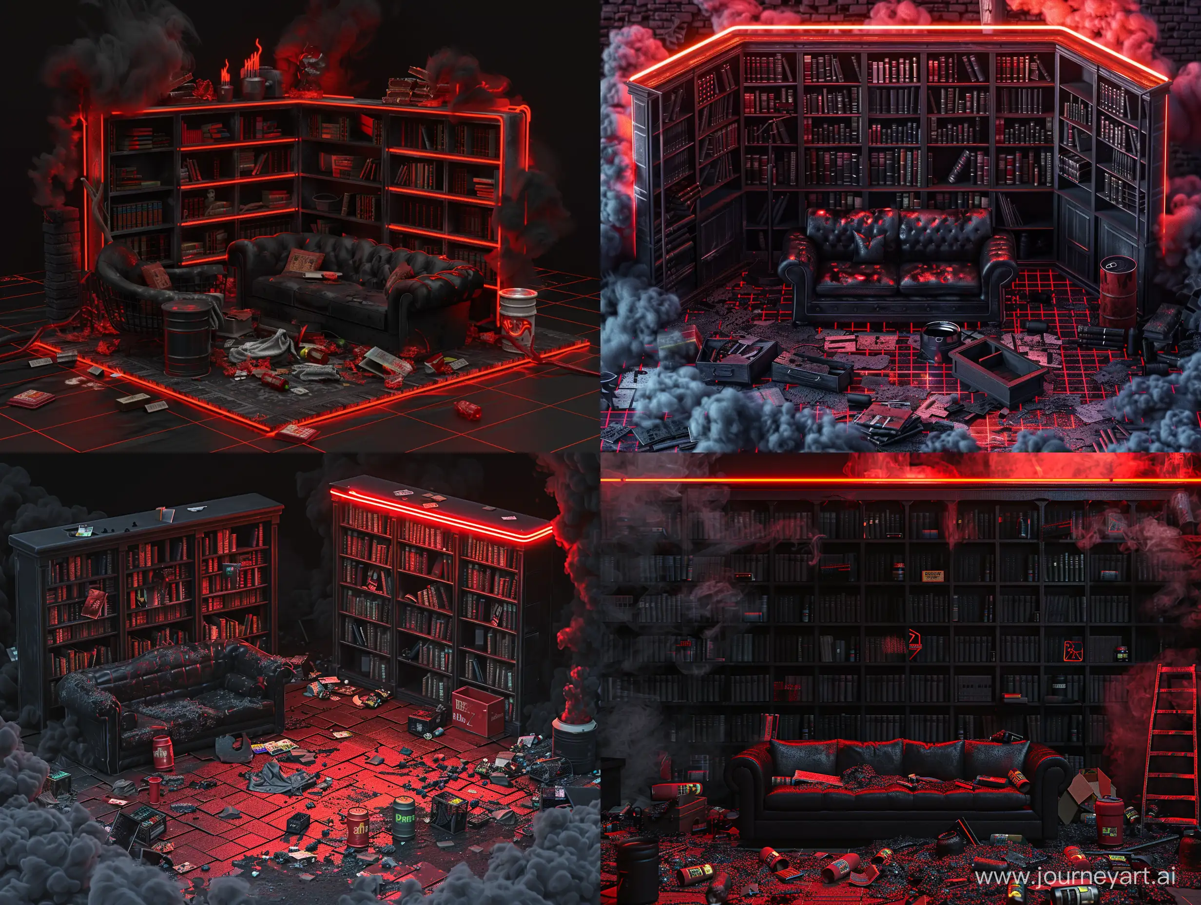 Eerie-3D-Render-of-a-Spooky-Ghost-Town-with-Black-Sofa-Library-and-Neon-Lights