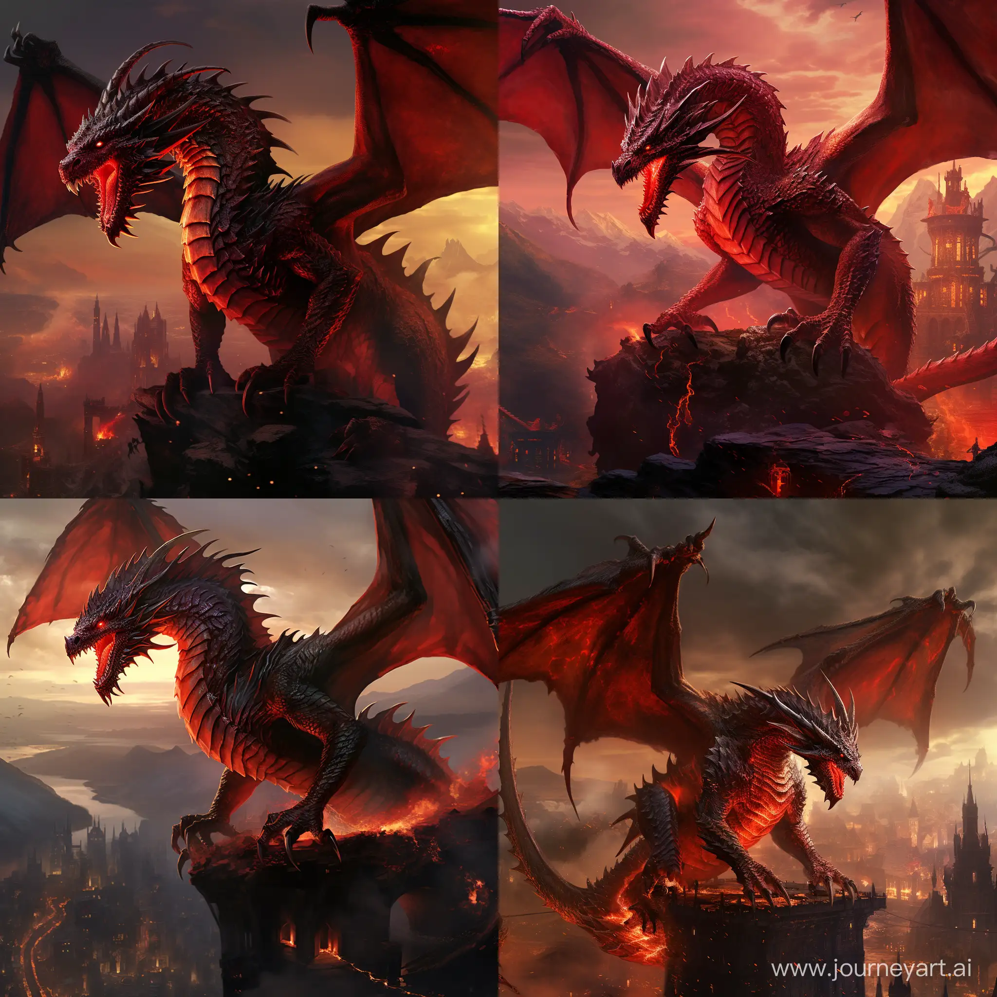 Create a high-octane visual of a crimson dragon with meticulously detailed scales, gleaming under the fiery glow of its own breath. The vivid red hues should emphasize the dragon's power and intensity as it soars through a tumultuous sky, leaving a trail of sparks and embers against a backdrop of smoldering ruins and a city consumed by chaos