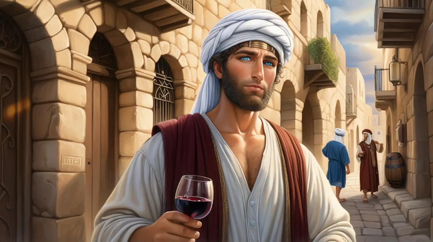 epoque biblique, un hébreu ivre, turban blanc sur la tête, beau visage, yeux bleux, une bouteille de vin à la main, dans une rue d'une ville hébreu antique