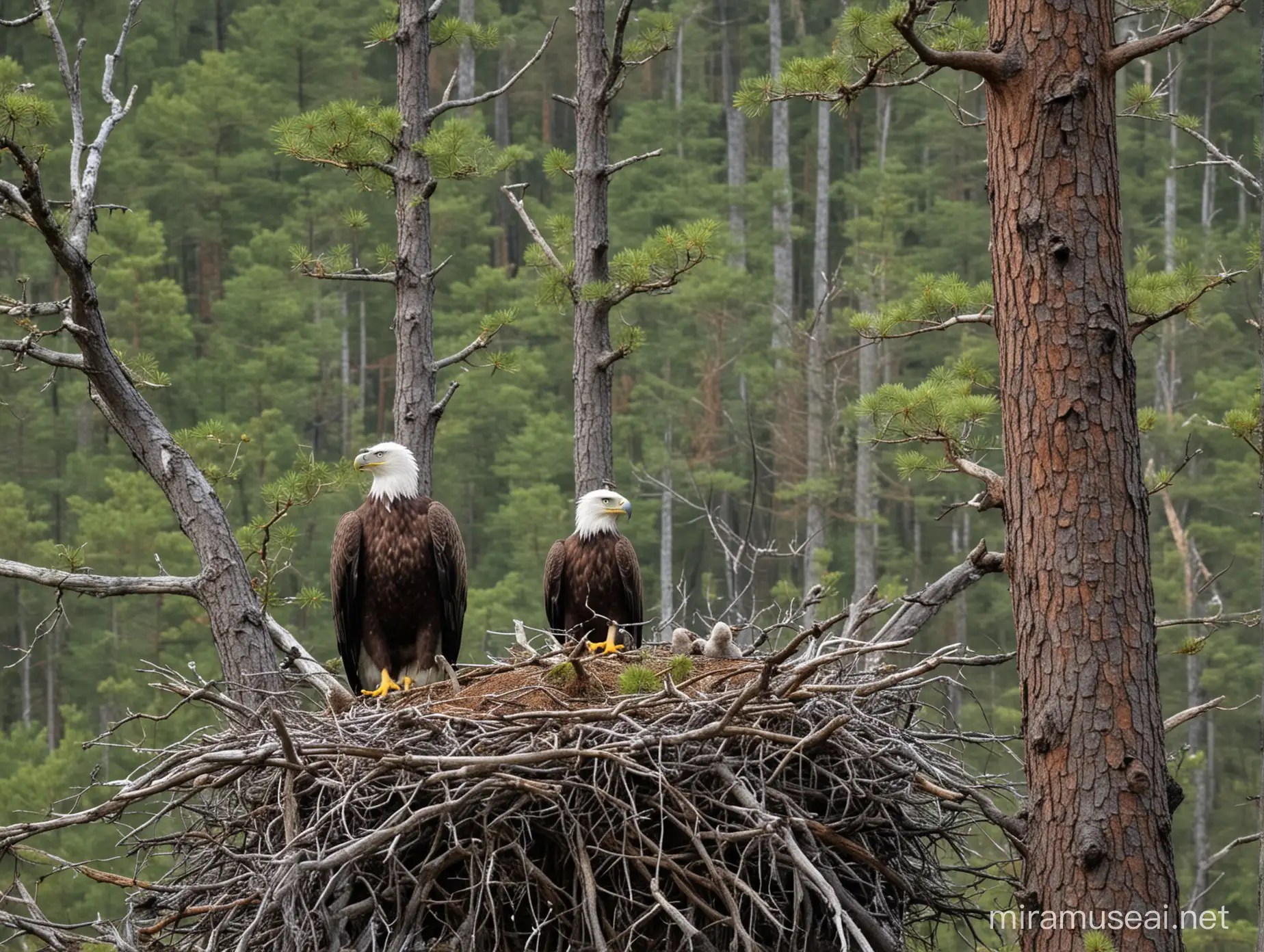 Sea Eagle Feeding Young in European Pine Forest