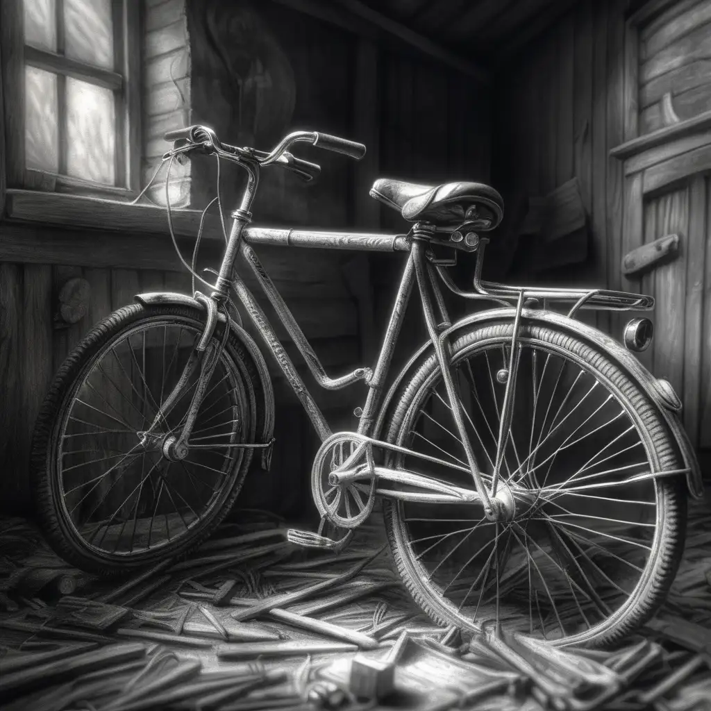 HyperRealistic Charcoal Sketch of an Old Abandoned Bicycle