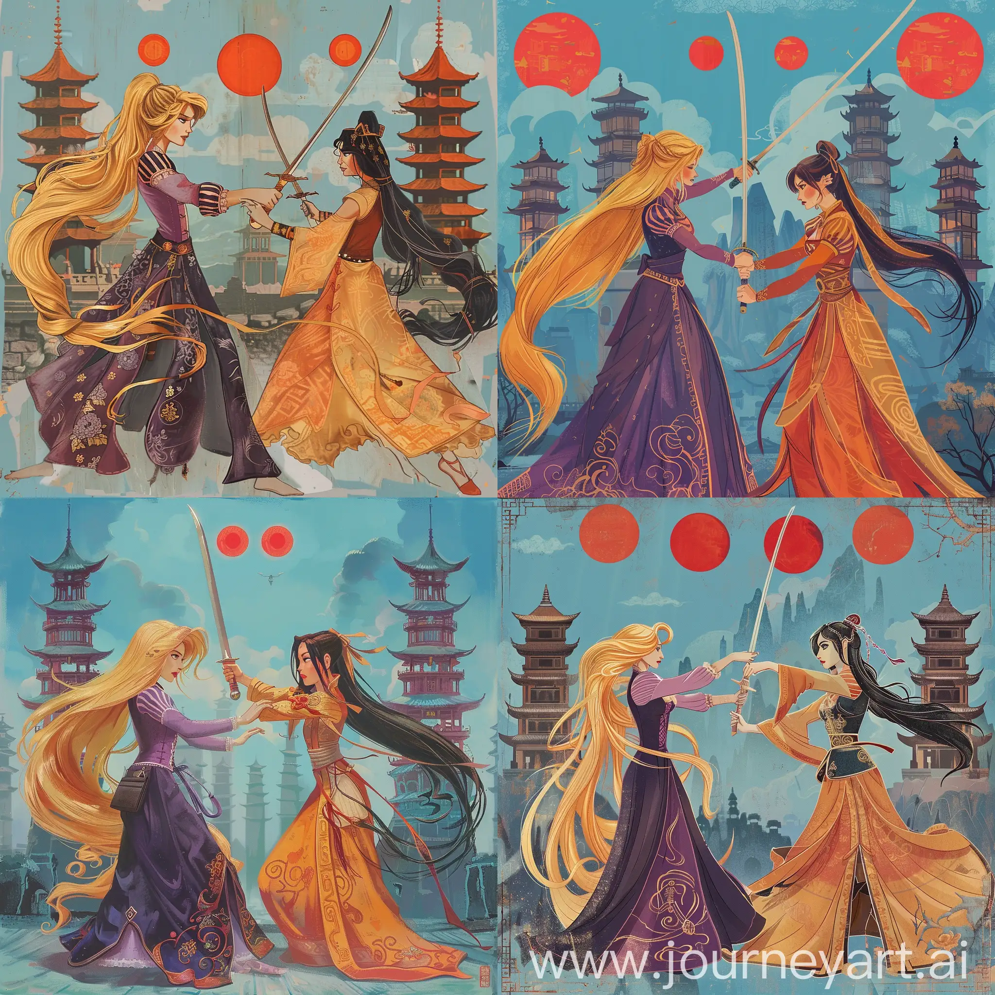 painting mode:

two Disney beautiful and elegant female characters from the Tangled cartoon:

very long blond hair German Rapunzel wears deep purple and deep rose color Chinese Ming Dynasty Goddess Hanfu robe.

black mid-long updo hairstyle's German Cassandra wears deep brown and light orange color Chinese Ming Dynasty Goddess Hanfu robe.

Both of them hold their own Chinese sword in right hand and they are fighting against each other.

Medieval Chinese high pagodas and sentinel towers as background, three red sun in Blue sky.