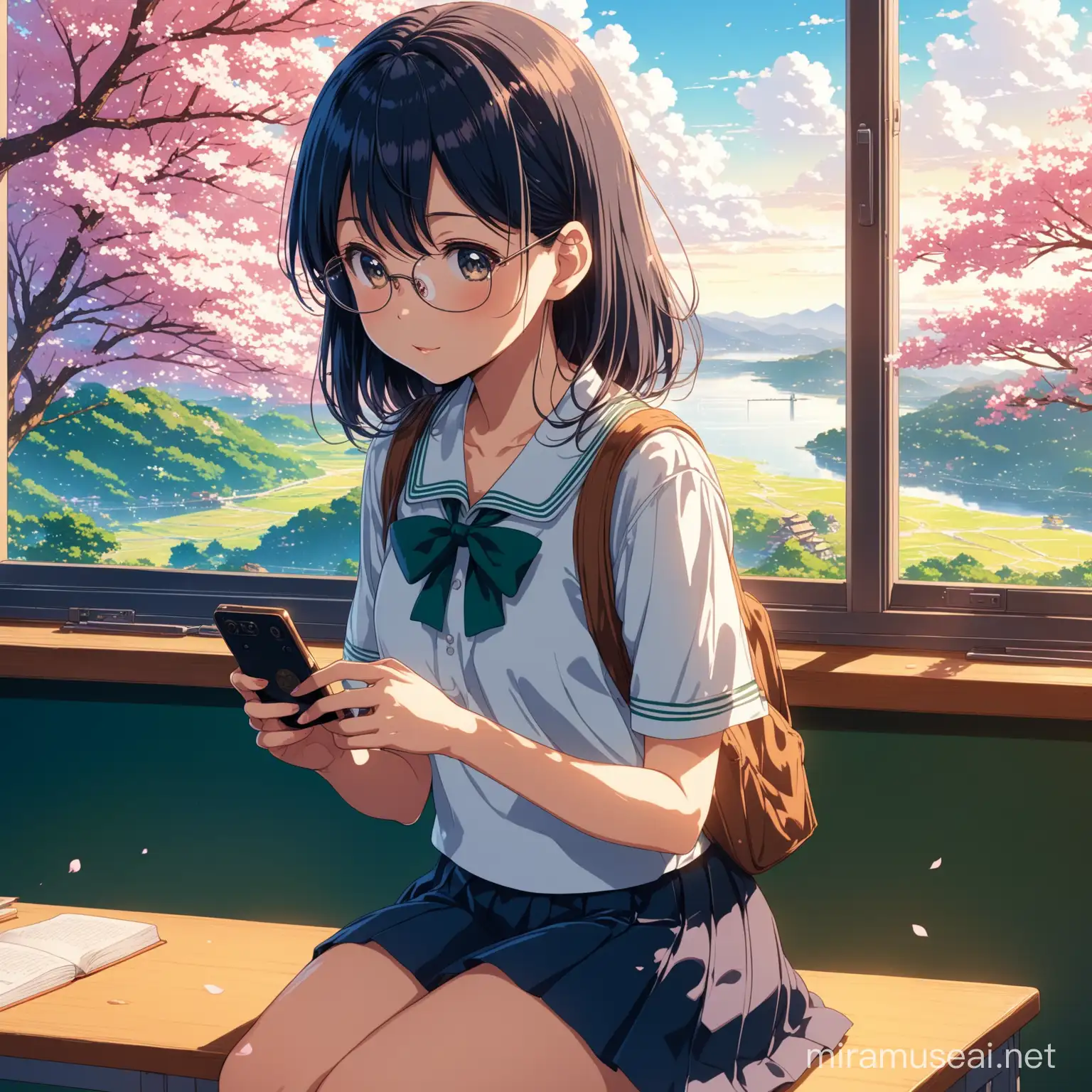 Kyoto animation stylized anime  ~ young girl sitting inside a classroom next to a window and texting on her phone, glasses, window seat, cherry blossom view, school girl uniform, cute anime girl, anime aesthetic, lo-fi aeshetic, aesthetic anime girl, cute, shoujo anime, intricate details, extremely detailed, complex details, insanely detailed and intricate, hypermaximalist, extremely detailed with rich colors. masterpiece, best quality, HDR, UHD, unreal engine. Beautiful, love story, shoujo anime, ((acrylic illustration by makoto shinkai, by kyoani, by studio ghibli) cute background, your name, studio ghibli, fair skin, aerial view,  manhwa art style, rich in details, high quality, gorgeous, , 2012 anime, gorgeous, soft, 8k, super detail, gorgeous light and shadow, detailed decoration, detailed lines 