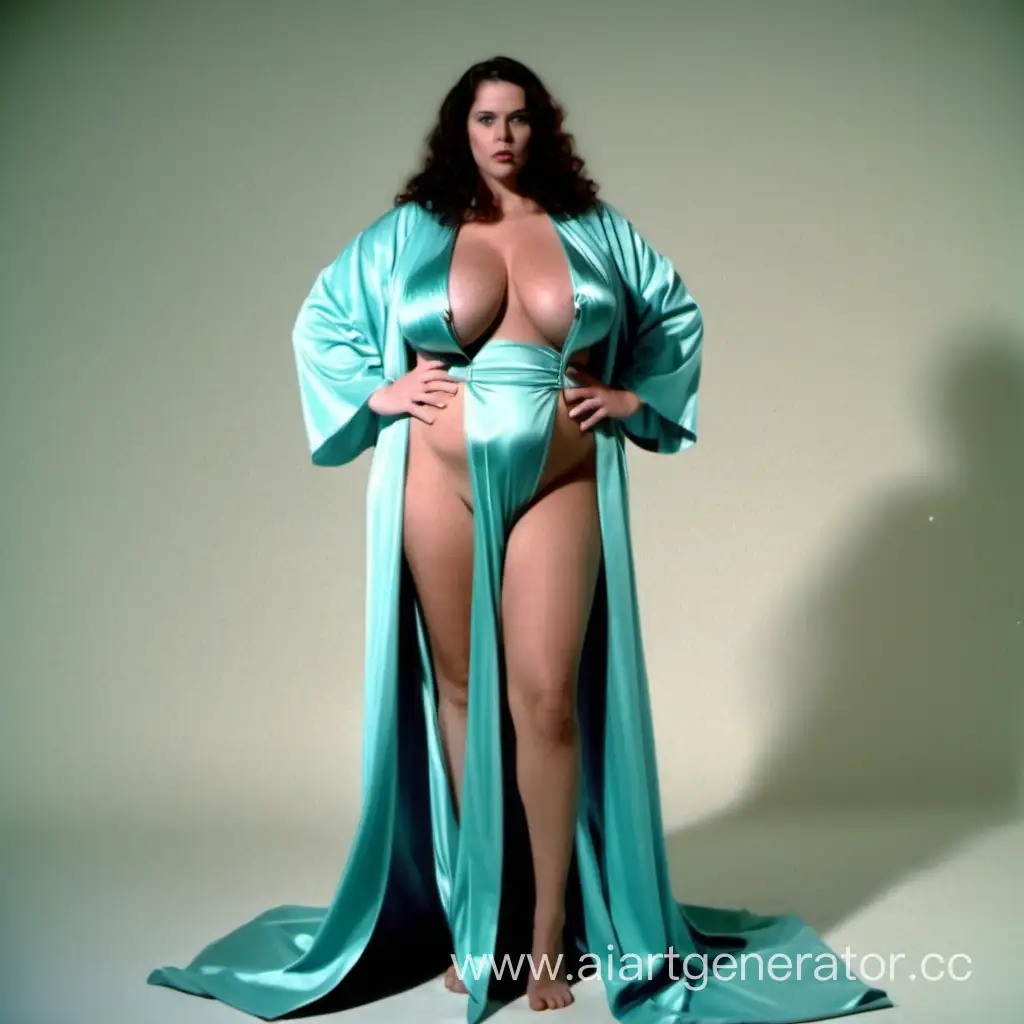 Tall, enormous breasted woman dressed in aquamarine robes, full length, digital film
