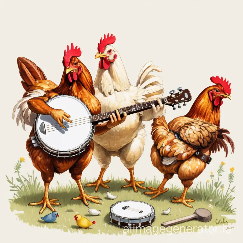 chickens playing a banjo 
