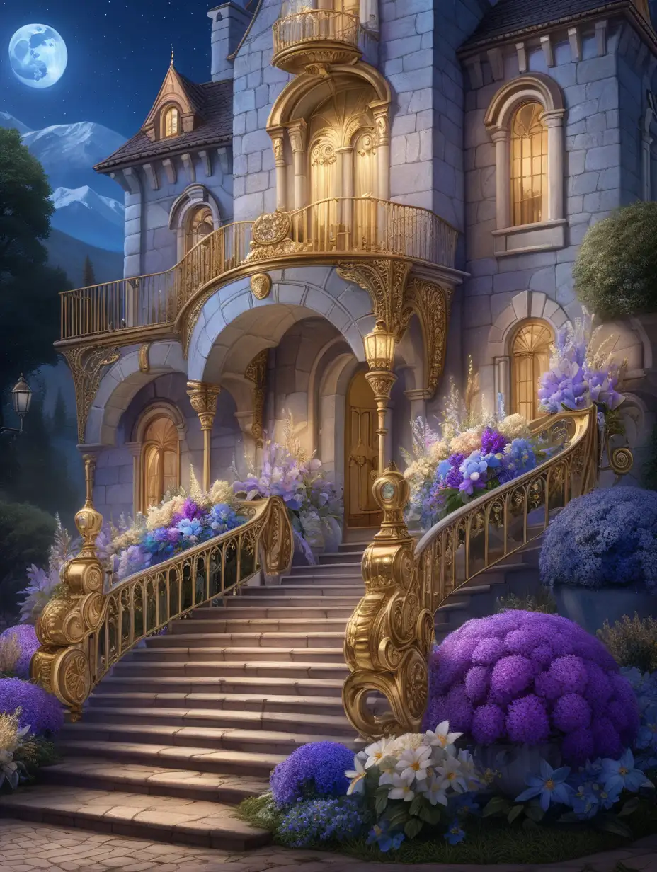 a golden carriage sits beside a moonlit sweeping staircase off the side of the patio.  everything is dripping in flowers and gold. the flowers are purple and blue. the stairs and patio are neutral. it's a castle