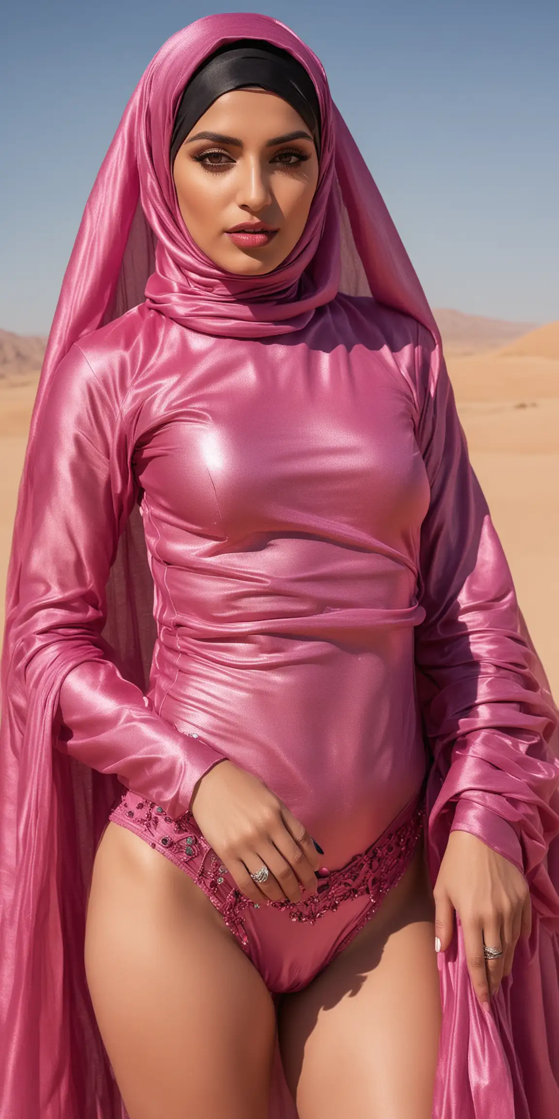 Remote luxury desert oasis. Newlywed, Fair-skinned, shy, big-breasted Niqabi Arab Muslimah in heavy gaudy bridal lipstick makeup & jewellery and 5” patent leather Louboutin heels is wearing a magenta shiny lustrous metallic chiffon skimpy-bikini with a metallic niqab long, loose, drapey fabric *hides her face*.