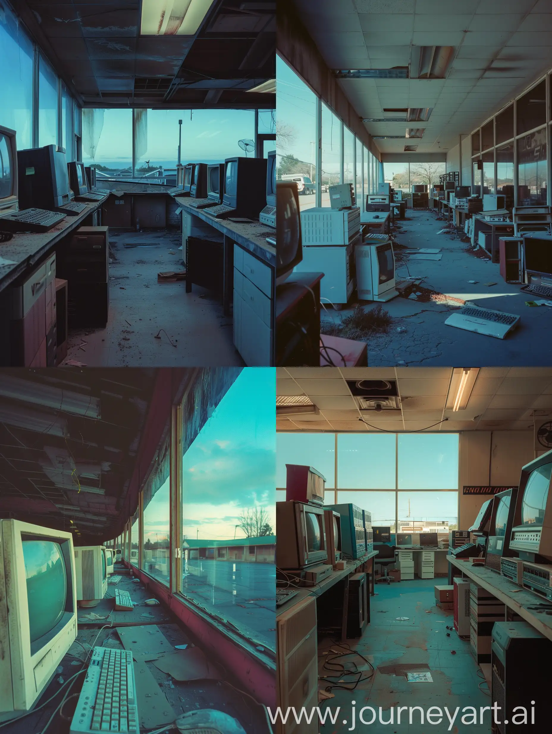 Early 2000s found footage, empty computer shop, muted blue sky tones