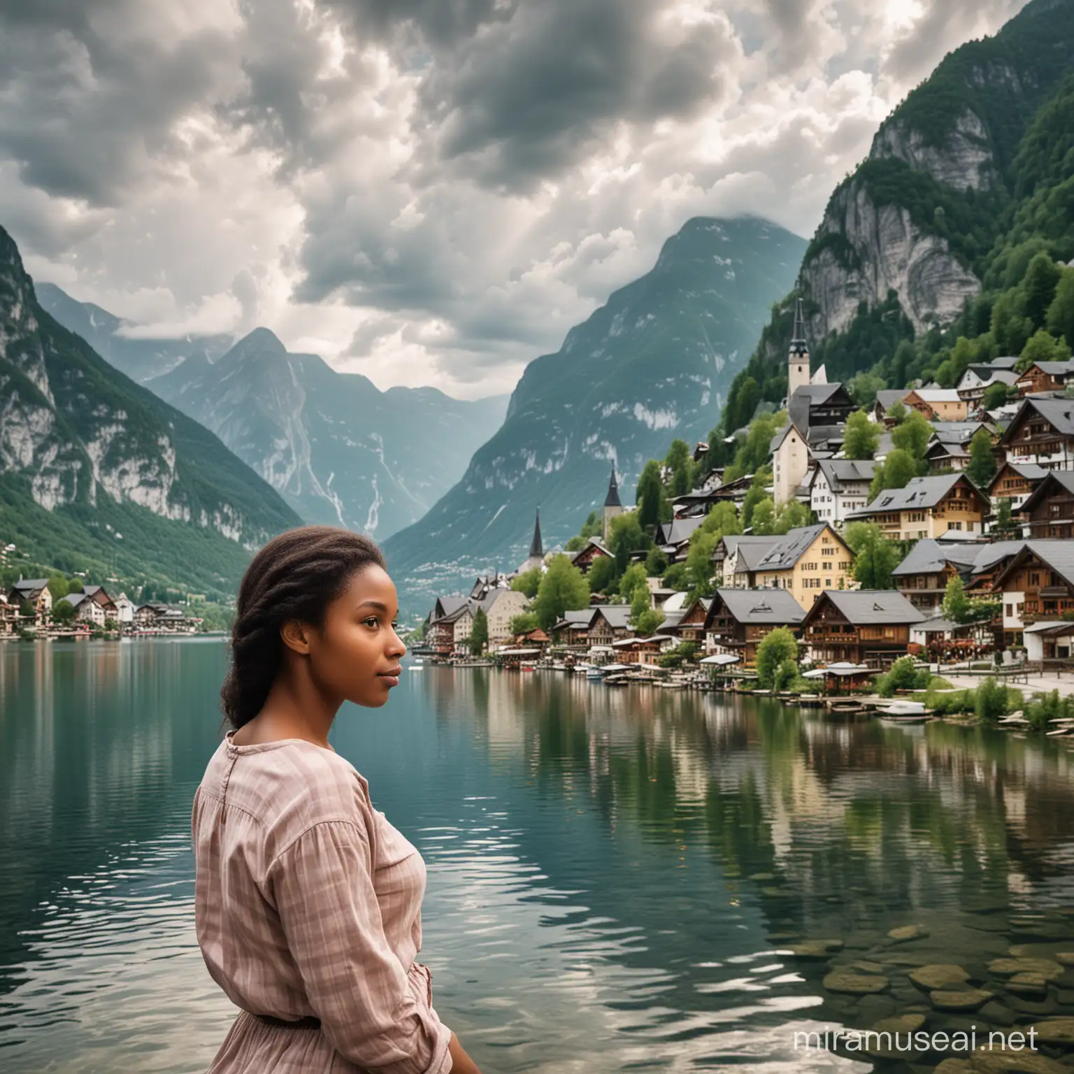The image shows a town next to a body of water with Hallstatt in the background. It features a scenic landscape with trees, mountains, and houses near the shore of a lake. The sky is cloudy, adding to the peaceful and tranquil setting.,Beautiful Black woman The woman's body parts such as chest, thigh, stomach, and abdomen are visible.