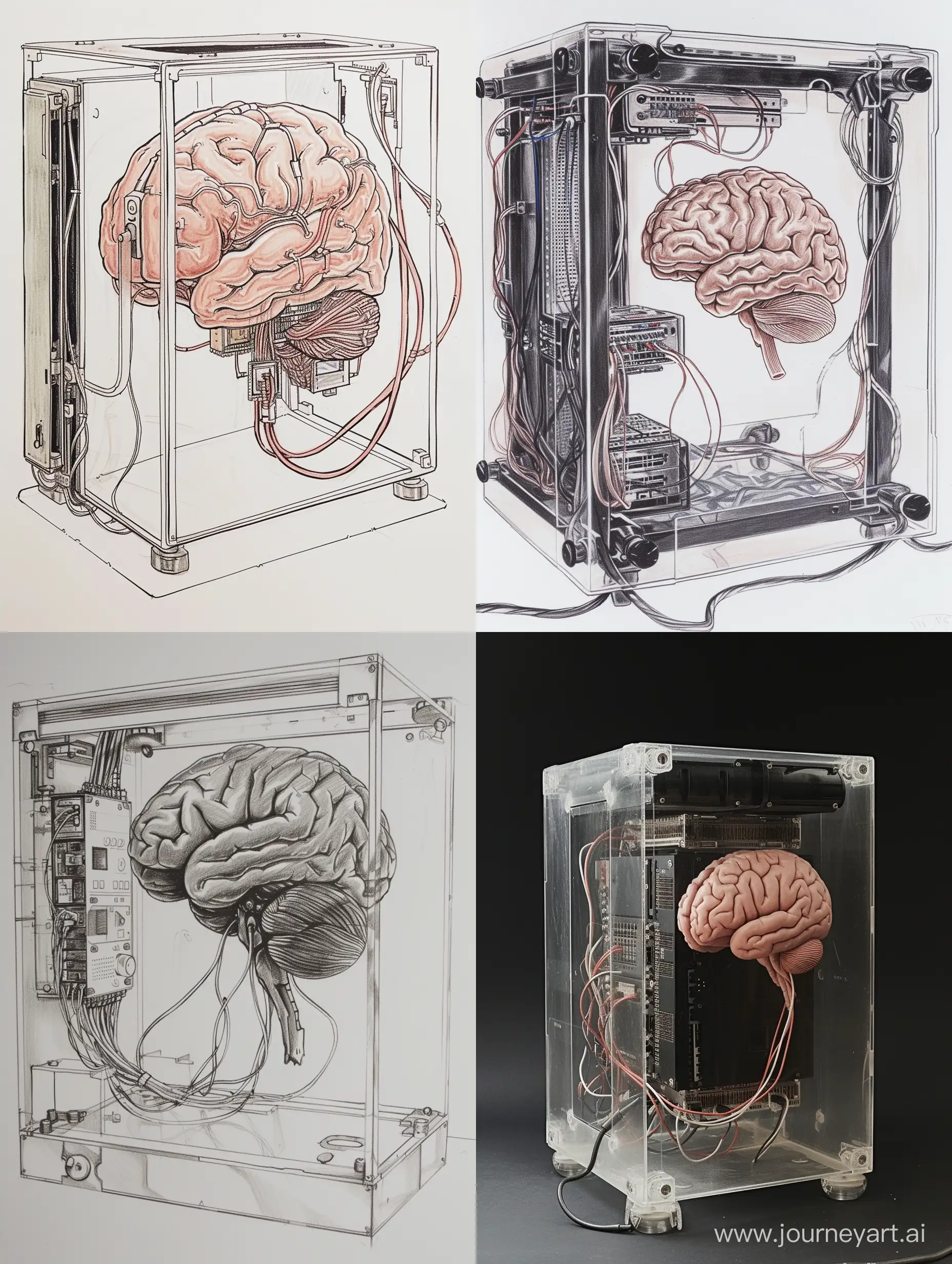
draw a brain inside a clear computer box with wires connected to it