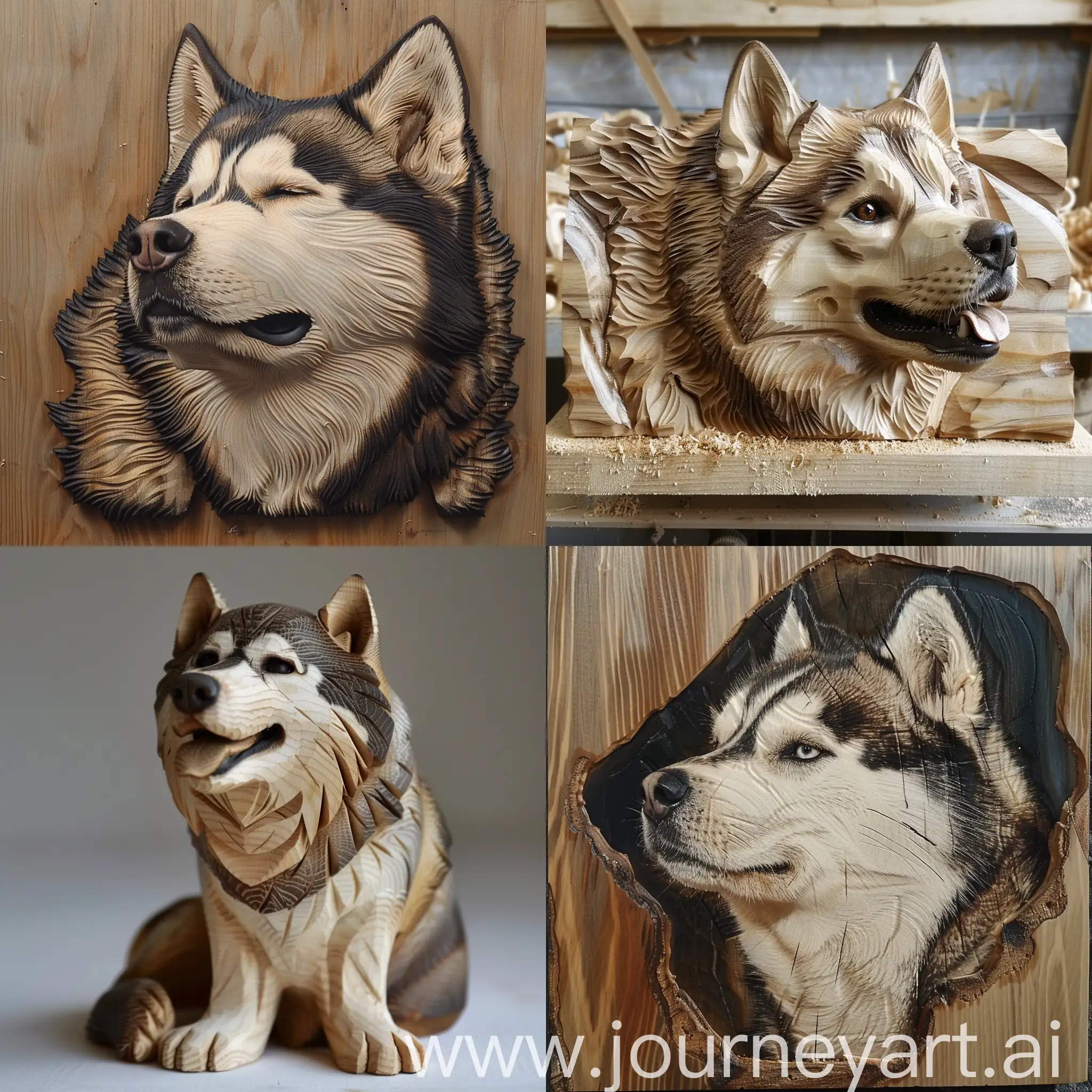 malamute dog wood turning on a lathe realistic