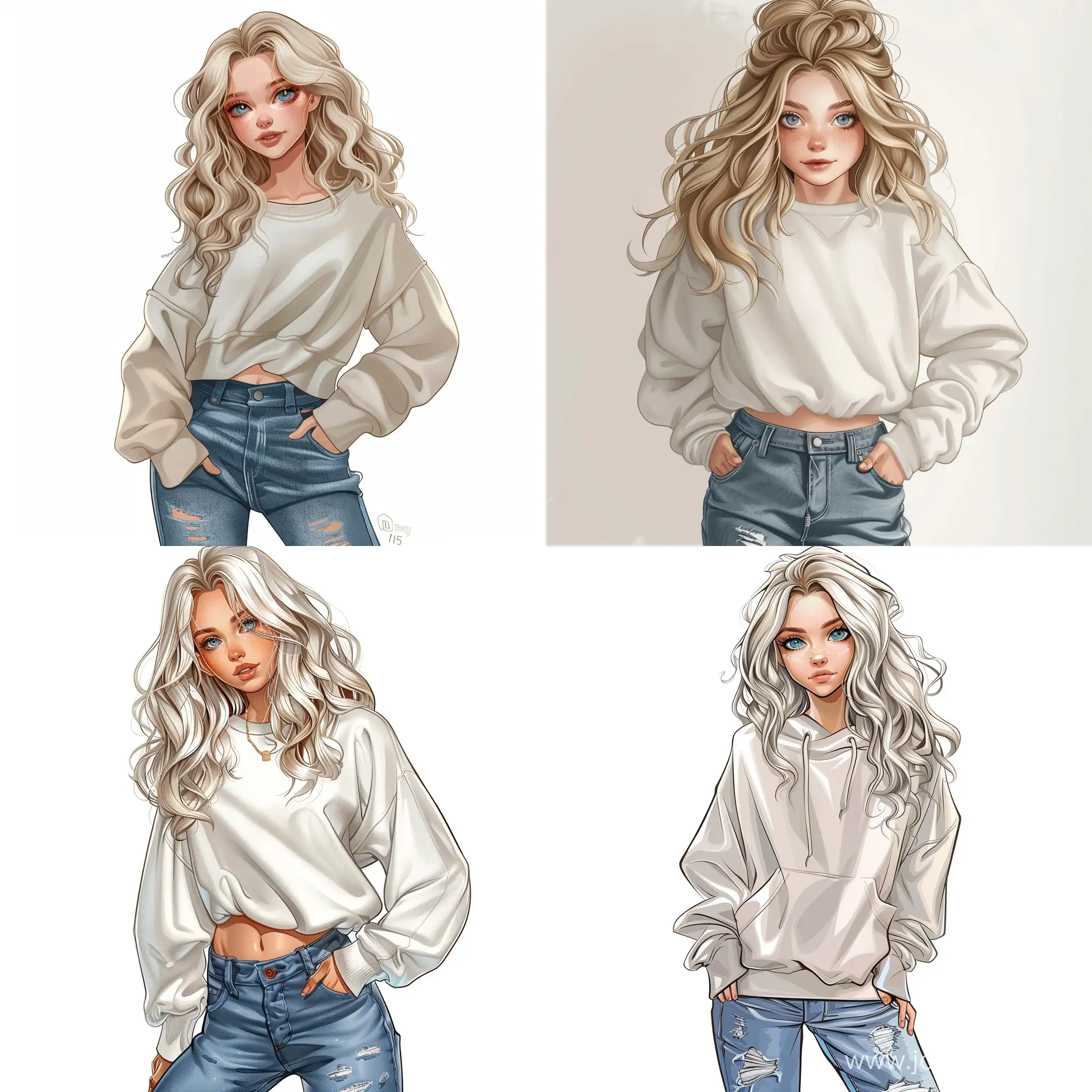 Beautiful girl, wavy blonde hair, gray-blue eyes, white skin, teenager, 15 years old, jeans and oversize sweatshirt, high quality, high detail, cartoon art