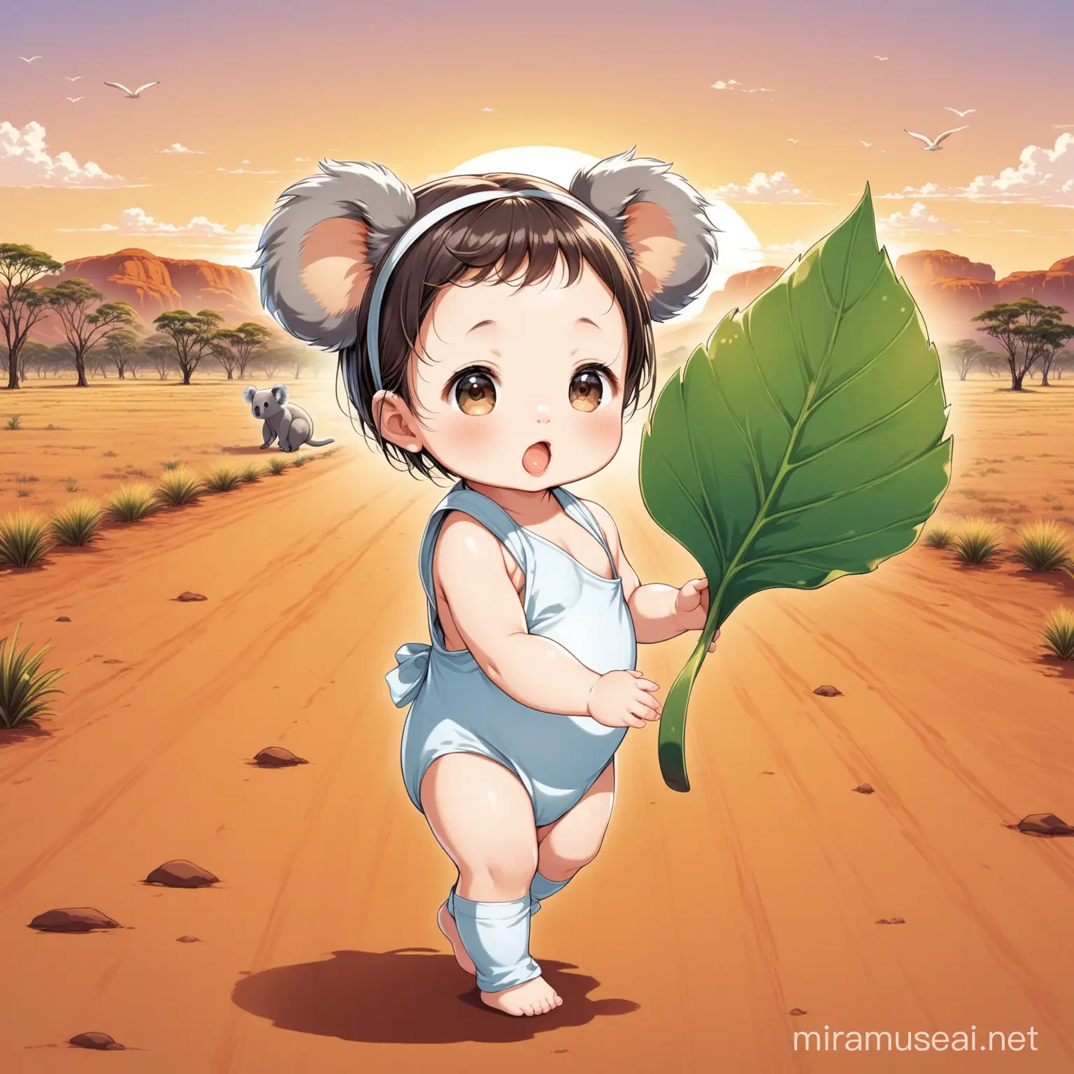 a japanese baby going to an adventure in australia, please make her walking around, add animals like kangaroo and koalas . please zoom out the image so we can see the australian outback background. the baby is holding a big leaf on her hand