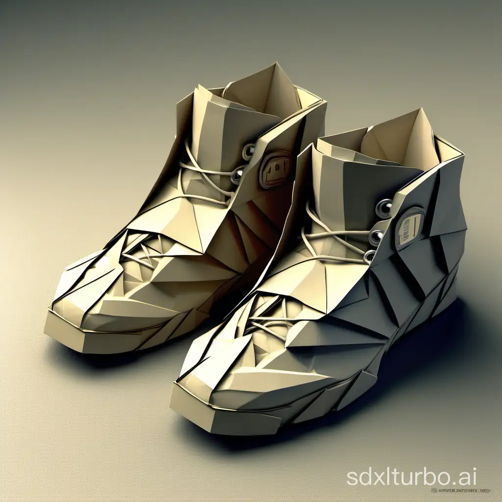 HI TECH Urban sneakers, CINEMATIC, REALLISTIC, Futuristic shoes, ALL PAPER, VERY EXPRESSIVE, RAW, SAND PAPER, POLYGONAL CARDBOARD, paper shoes, shoes made of folded paper, very polyhedral, bulky, sharp angles, origami shoes, VERY SHARP, WITH NO LACES, VERY COMFI, DIFFERENT CARDBOARD COLORS, OLD PAPER COLORS, Jordan 4, cinematic, analog film