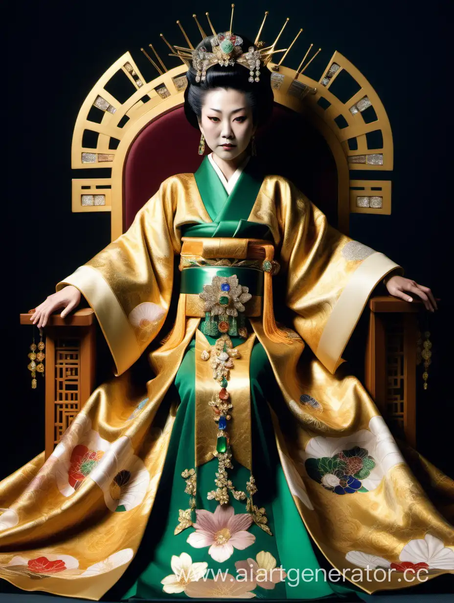 Японская императрица в дорогом золотом кимано из драгоценных камней сидит на китайском троне, вокруг много золота, изумрудов, дорогие ткани, надменность, свет, праздник