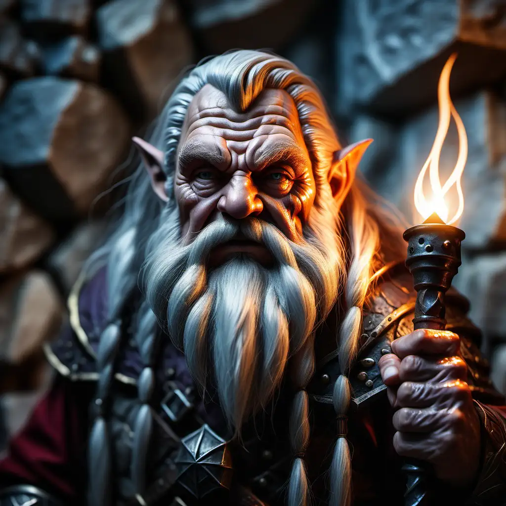 Closeup Portrait of an elderly fantasy dwarf with detailed facial features, lifelike skin textures, long hair, light from a torch, realistic style, background wet rock wall, twilight