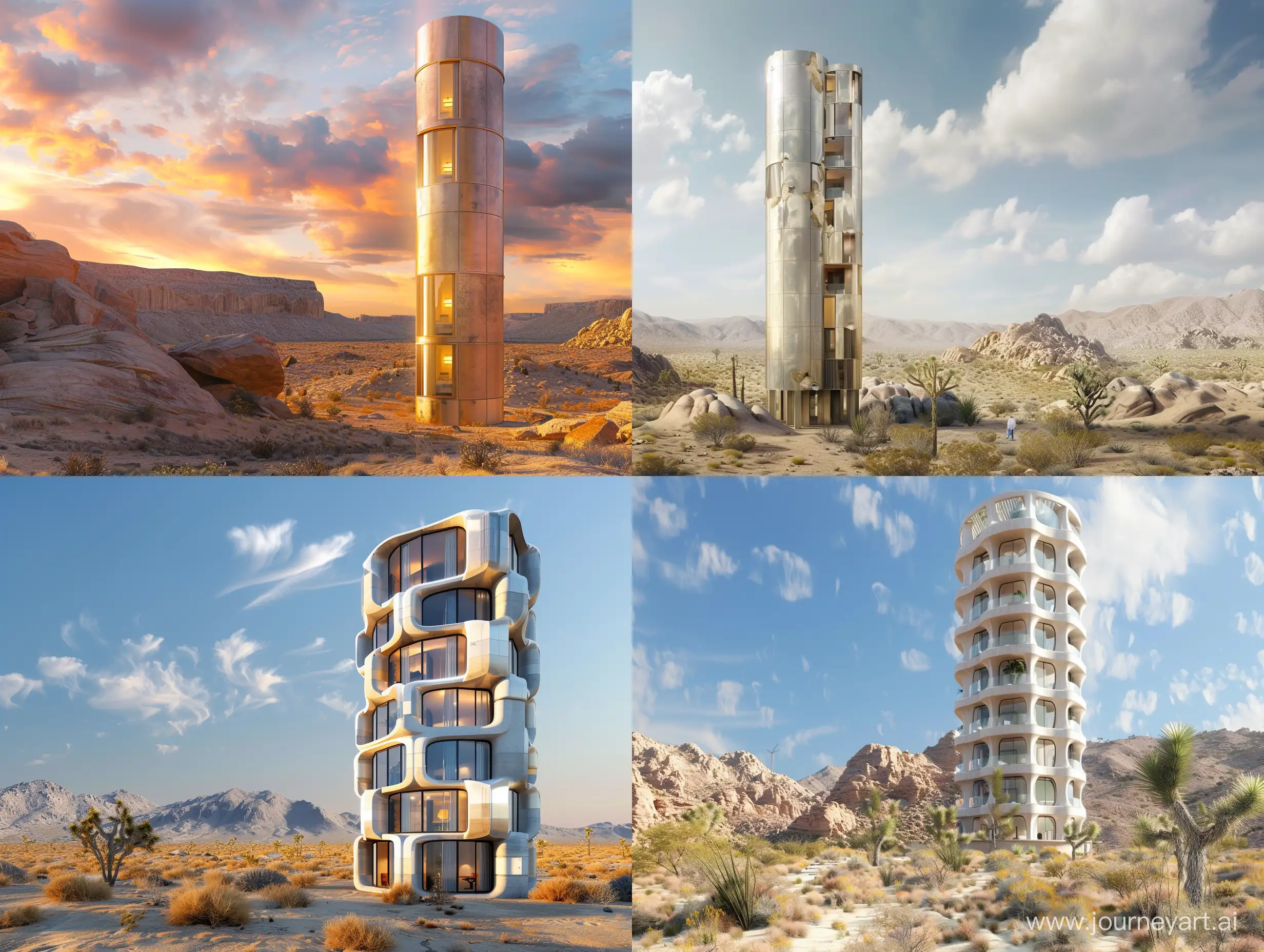 a 20 room residence tower in a warm and dry desert environment with a capability of having a full view but not been able to watch inside with a symbolic intrance 