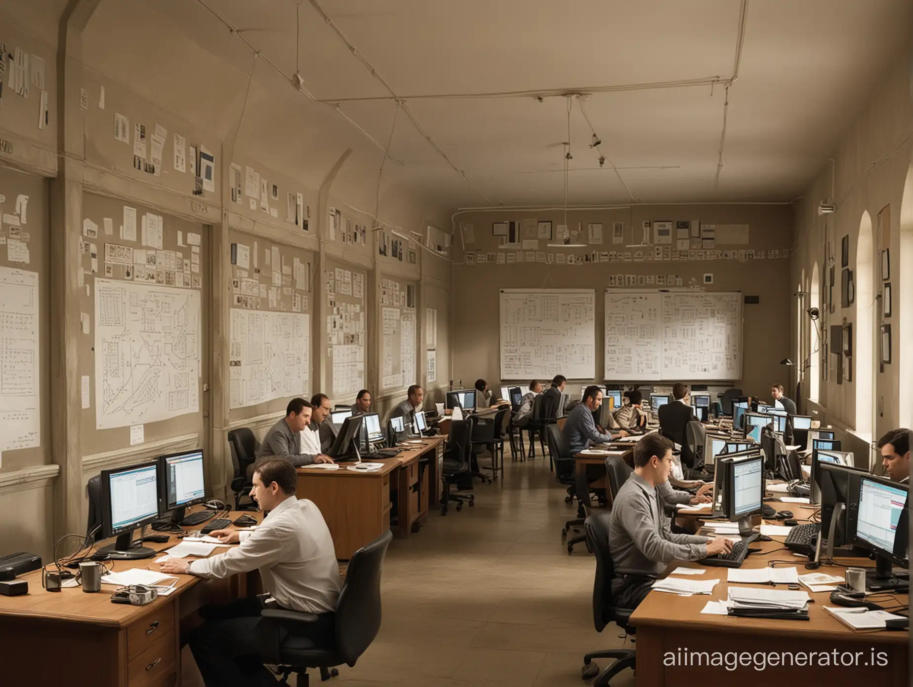 Eight men sit at computers in a beautiful hall, while diagrams and charts hang on the walls.